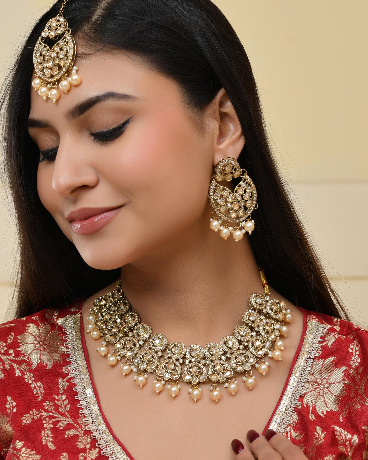 VOJ Gold-Polished Stone Studded Designer Choker With Earrings And Maang Tikka Set | Swadesiicart