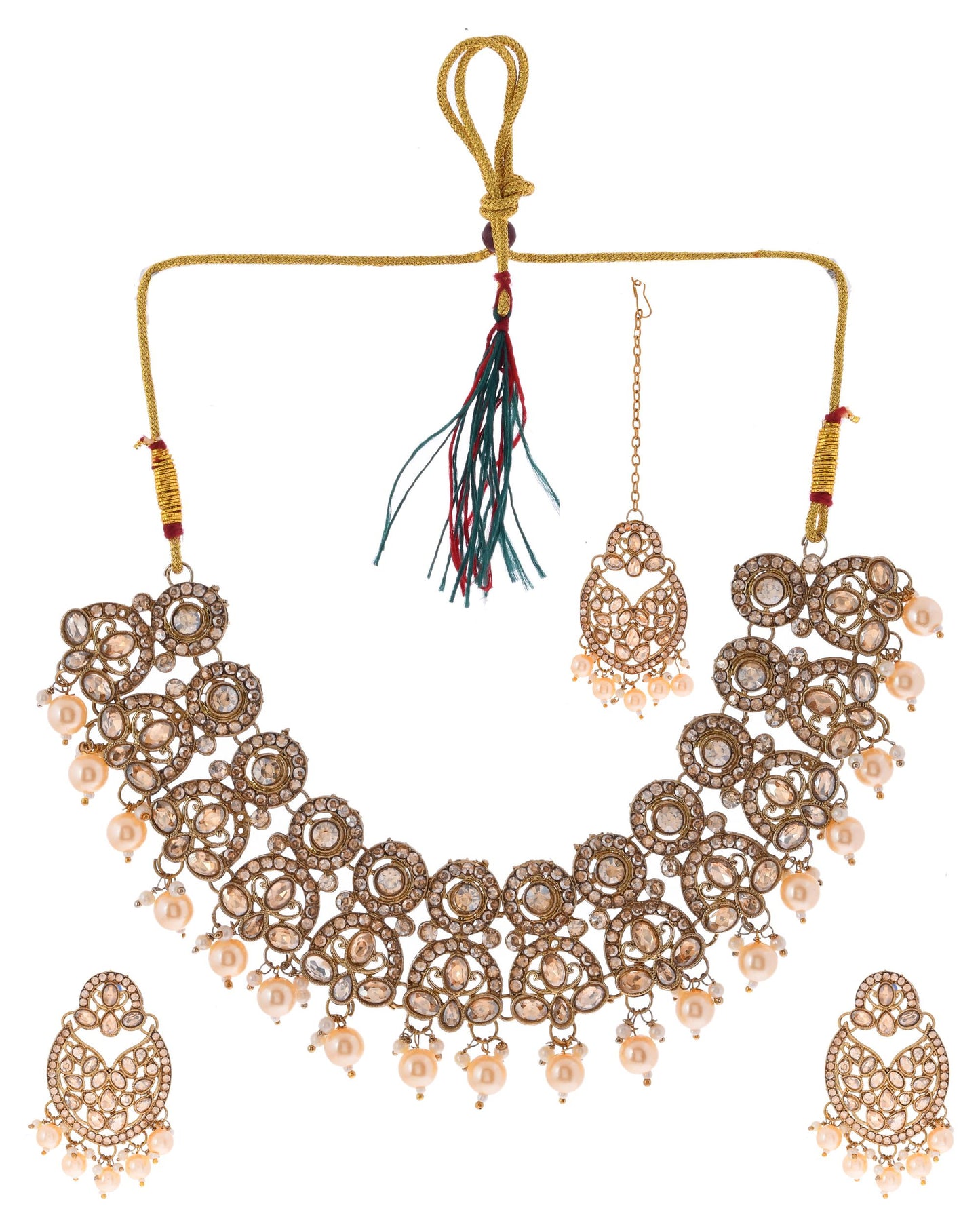 VOJ Gold-Polished Stone Studded Designer Choker With Earrings And Maang Tikka Set | Swadesiicart