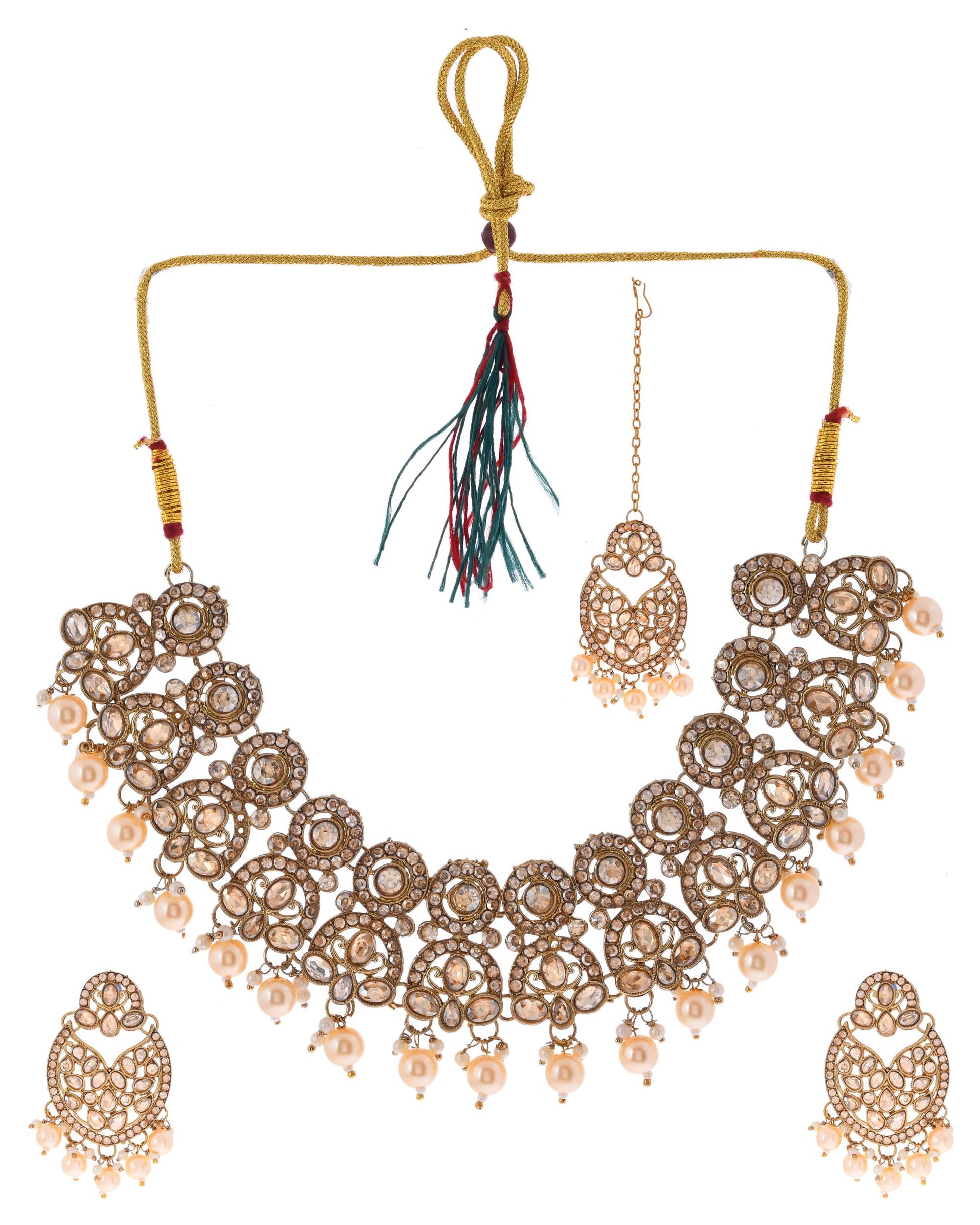 VOJ Gold-Polished Stone Studded Designer Choker With Earrings And Maang Tikka Set | Swadesiicart