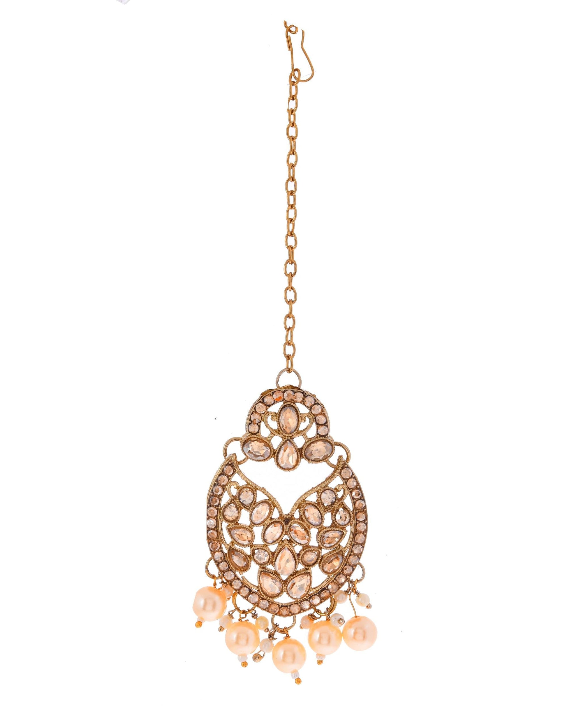VOJ Gold-Polished Stone Studded Designer Choker With Earrings And Maang Tikka Set | Swadesiicart