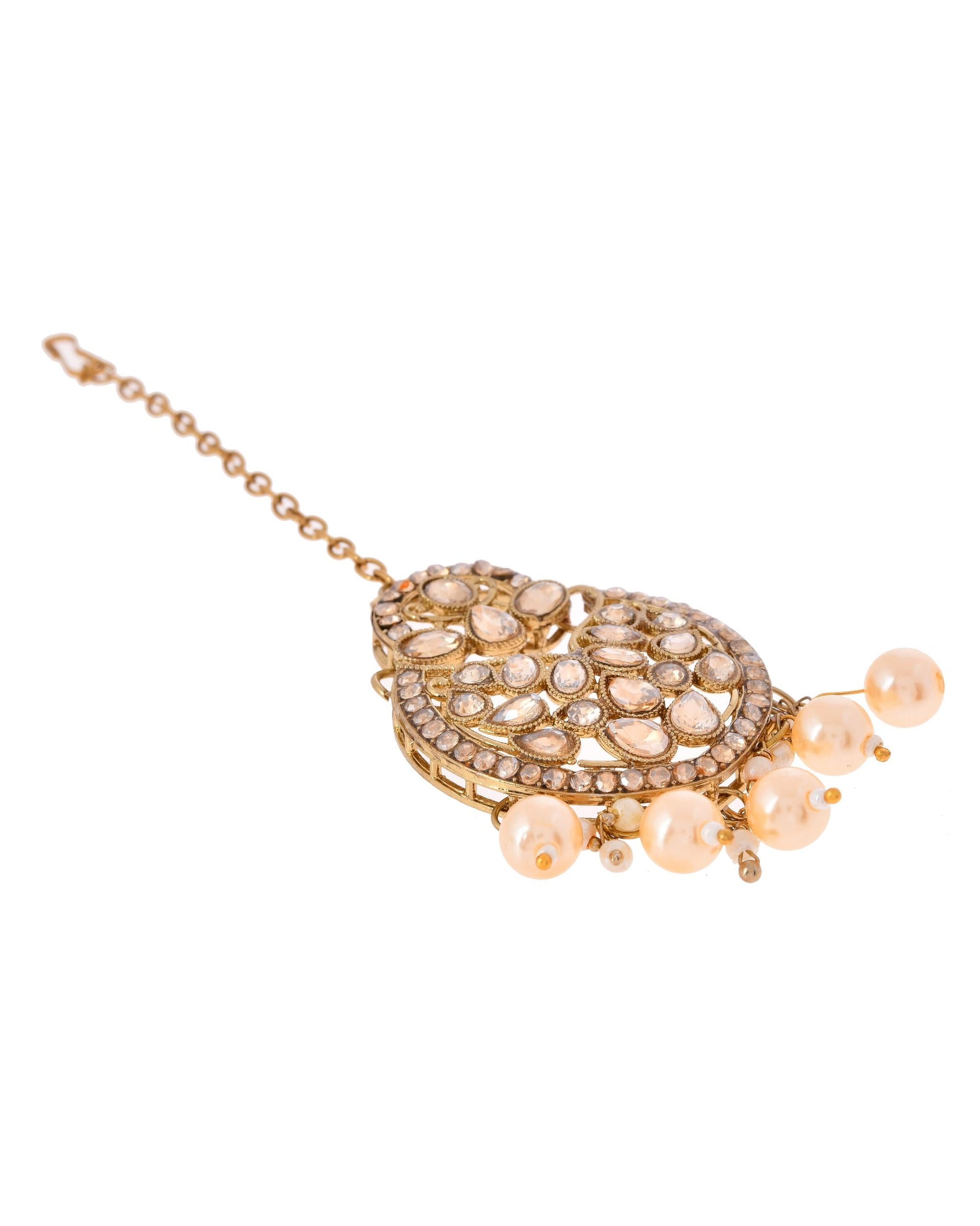 VOJ Gold-Polished Stone Studded Designer Choker With Earrings And Maang Tikka Set | Swadesiicart