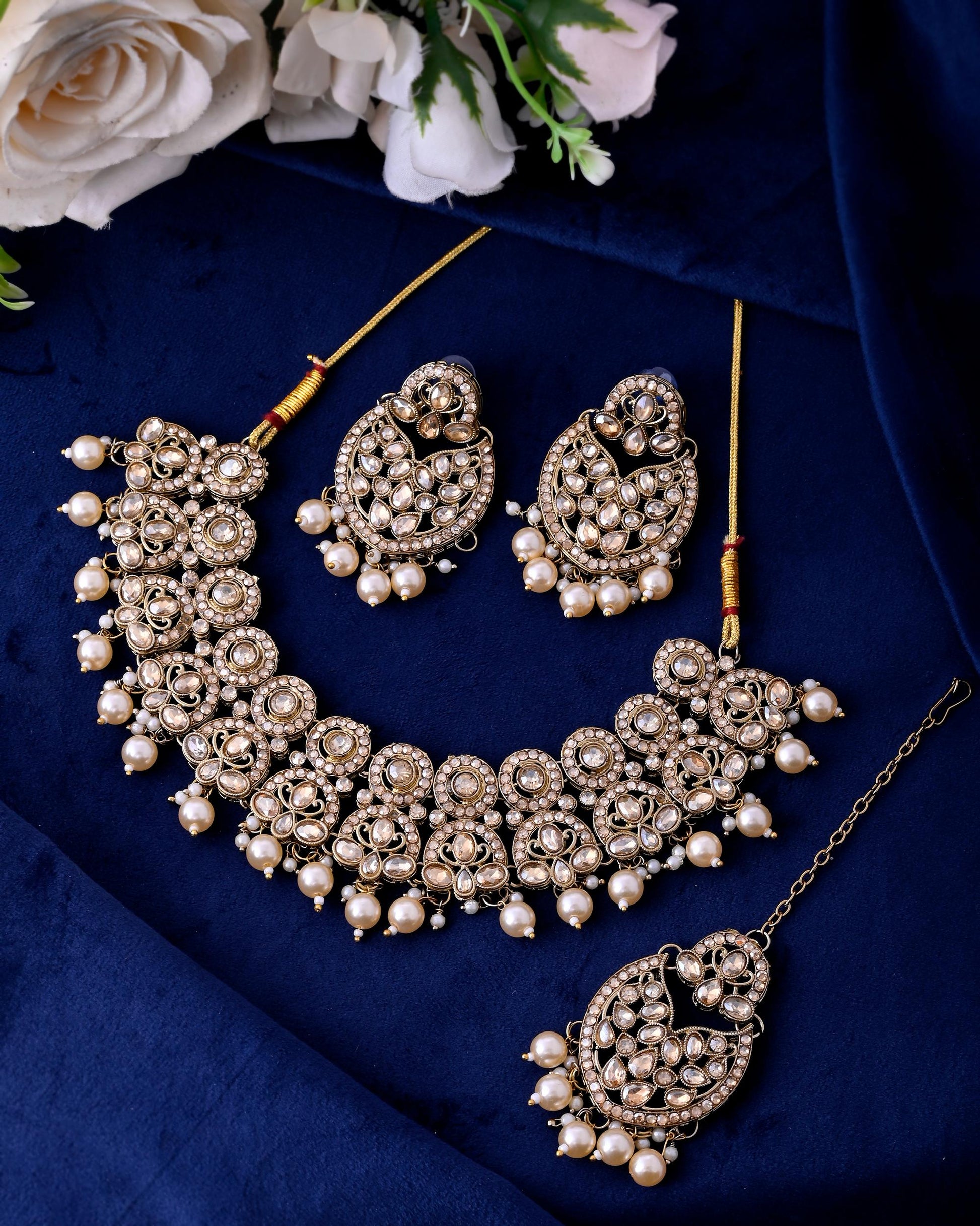 VOJ Gold-Polished Stone Studded Designer Choker With Earrings And Maang Tikka Set | Swadesiicart