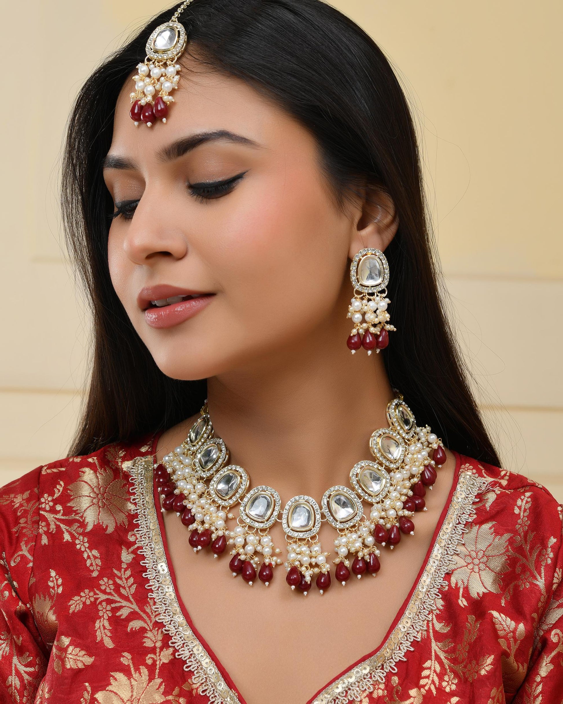 VOJ Kundan Stone And Maroon Beaded Studded Gold-Polished Jewellery Set - Swadesiicart