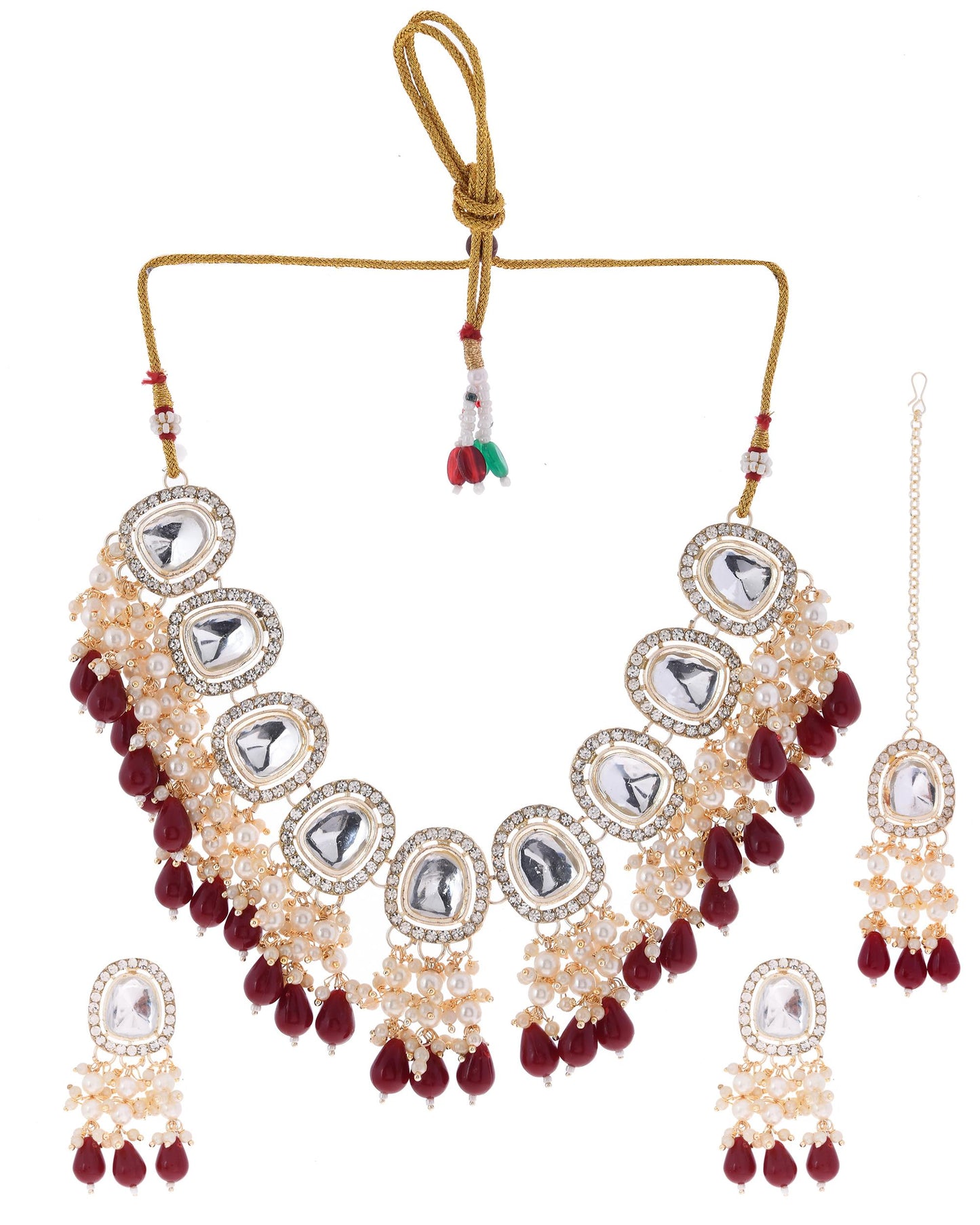 VOJ Kundan Stone And Maroon Beaded Studded Gold-Polished Jewellery Set - Swadesiicart