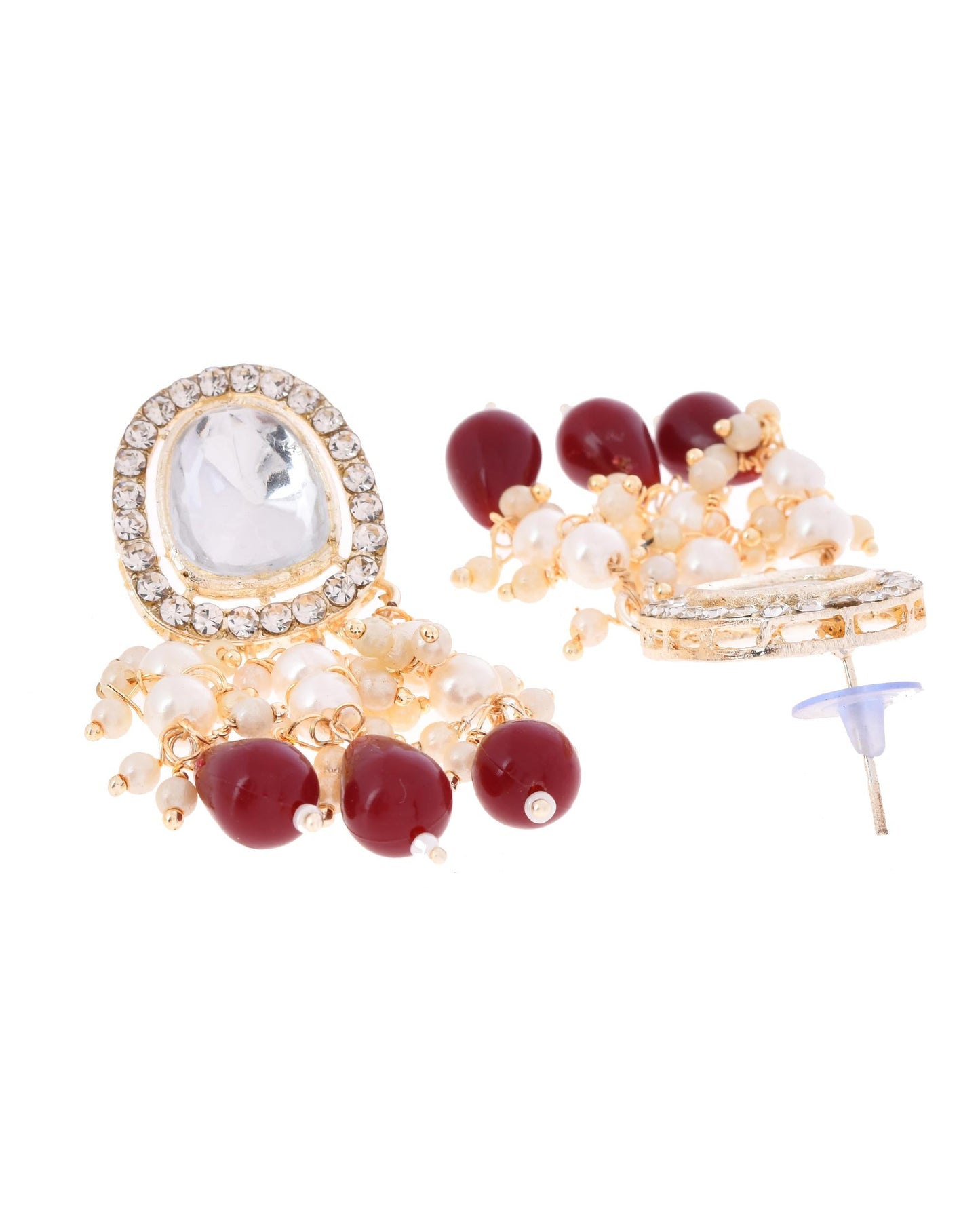 VOJ Kundan Stone And Maroon Beaded Studded Gold-Polished Jewellery Set - Swadesiicart