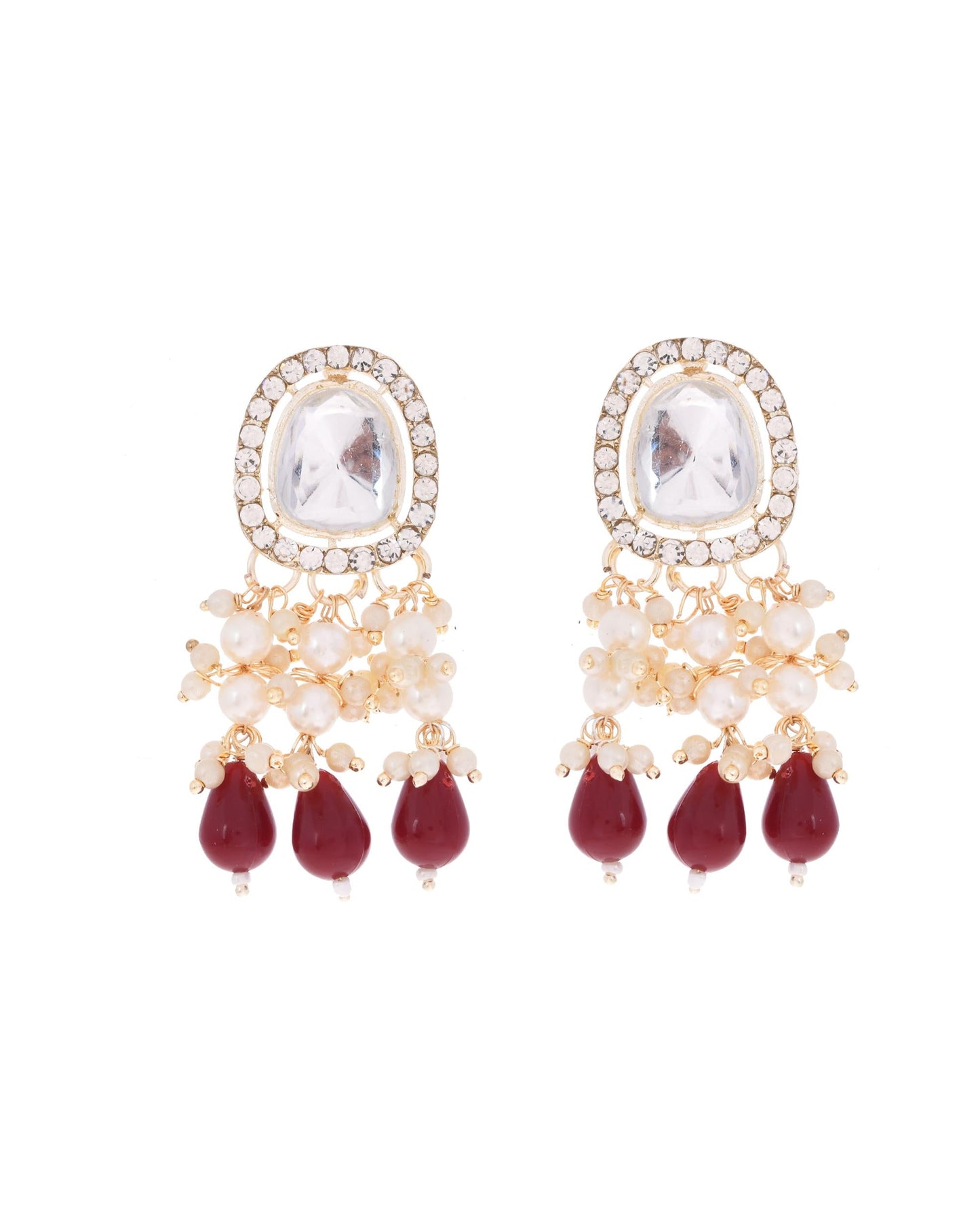 VOJ Kundan Stone And Maroon Beaded Studded Gold-Polished Jewellery Set - Swadesiicart