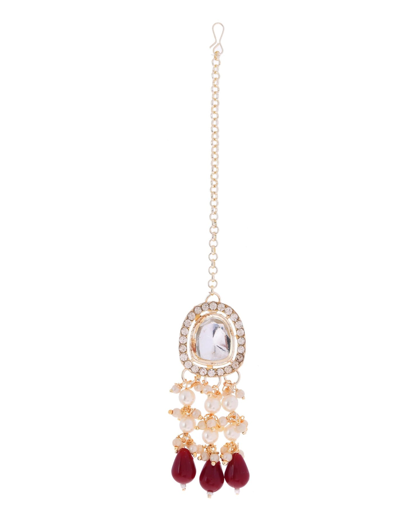 VOJ Kundan Stone And Maroon Beaded Studded Gold-Polished Jewellery Set - Swadesiicart