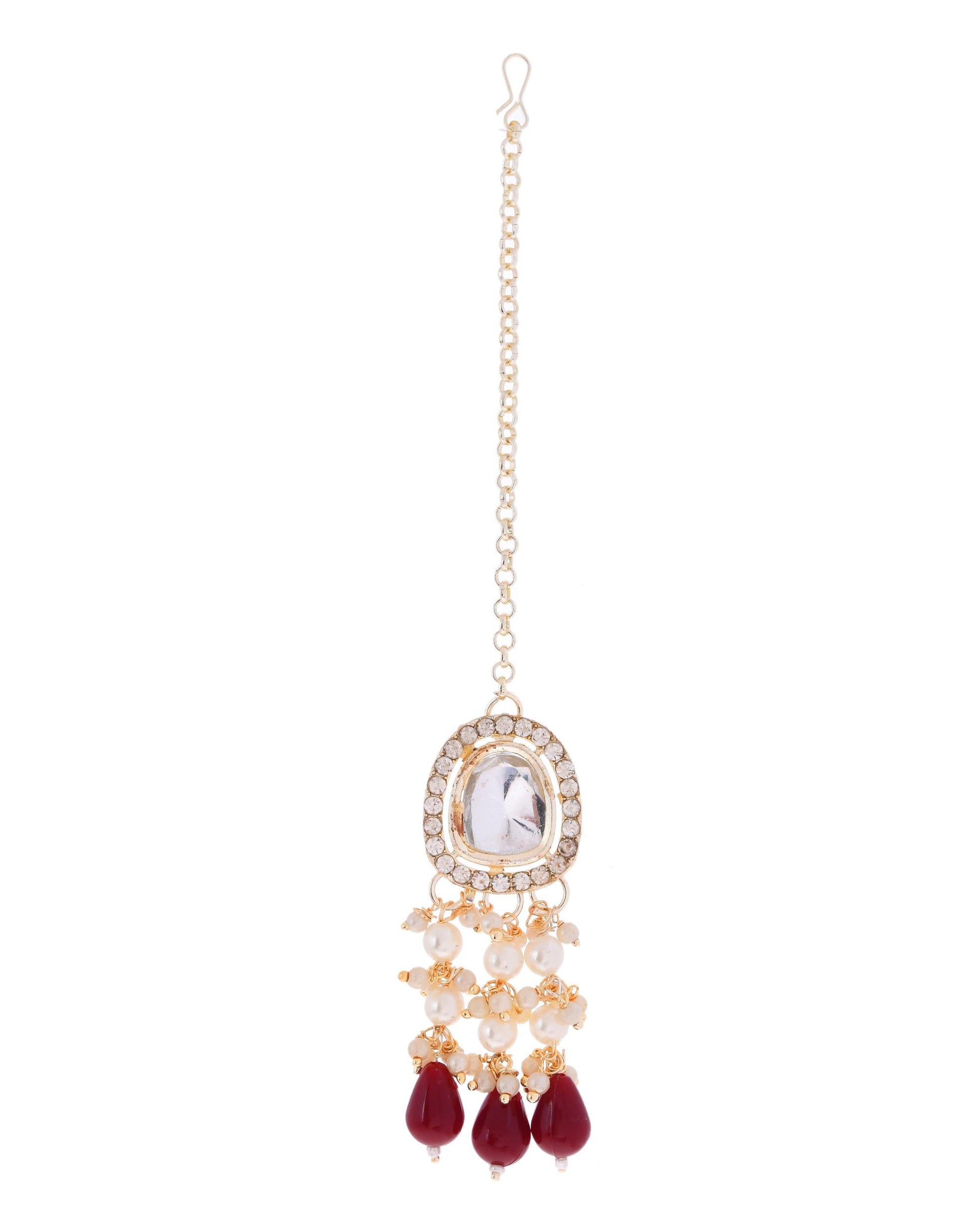 VOJ Kundan Stone And Maroon Beaded Studded Gold-Polished Jewellery Set - Swadesiicart
