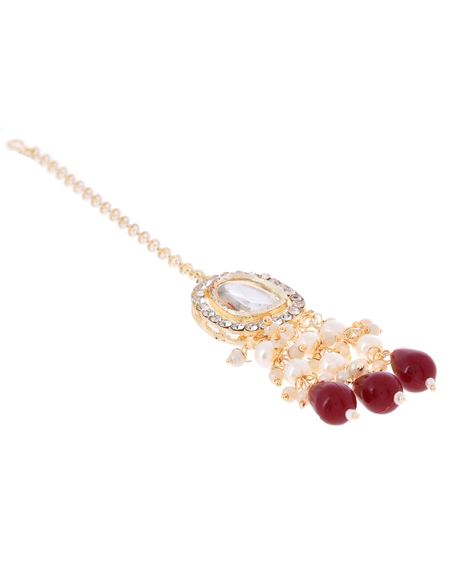 VOJ Kundan Stone And Maroon Beaded Studded Gold-Polished Jewellery Set - Swadesiicart