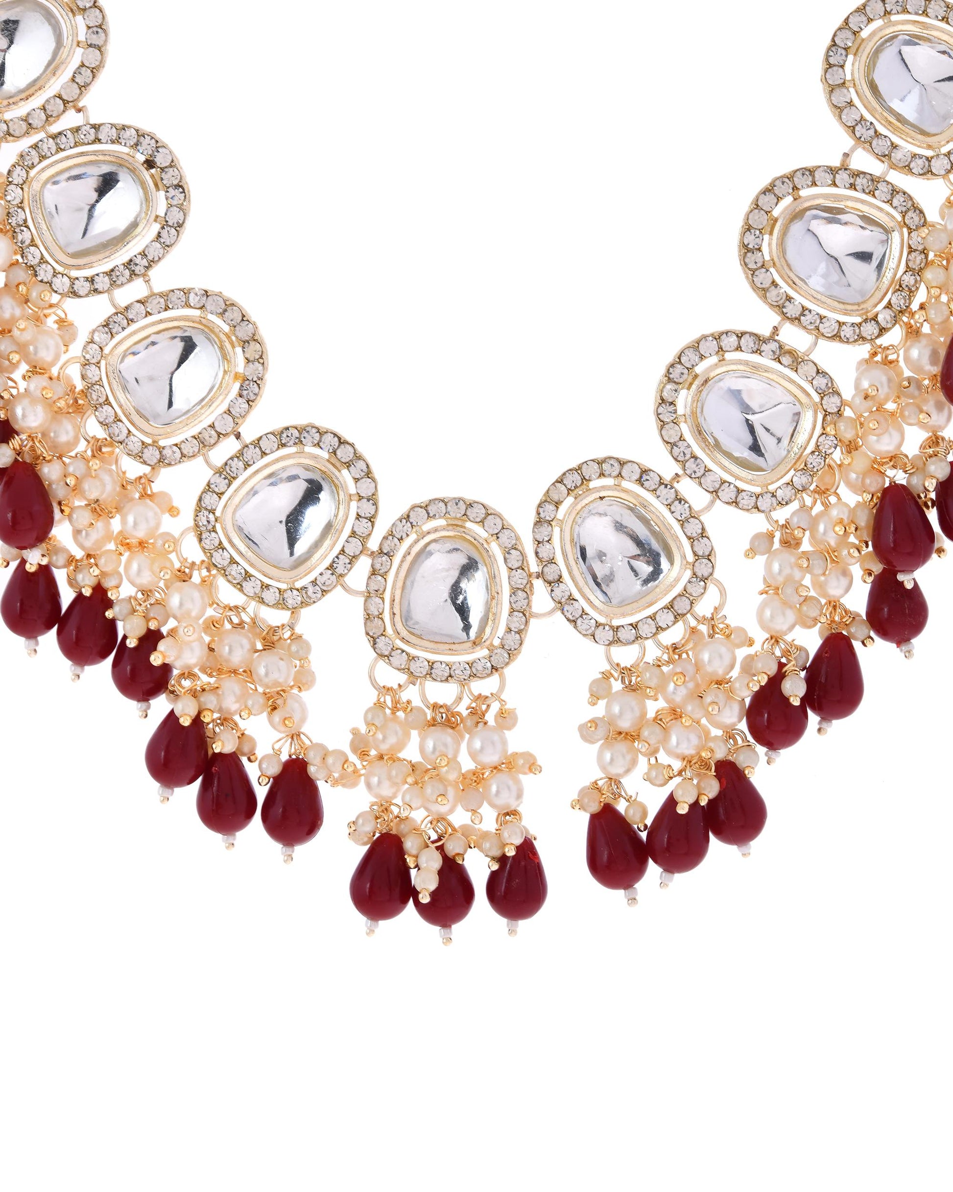 VOJ Kundan Stone And Maroon Beaded Studded Gold-Polished Jewellery Set - Swadesiicart