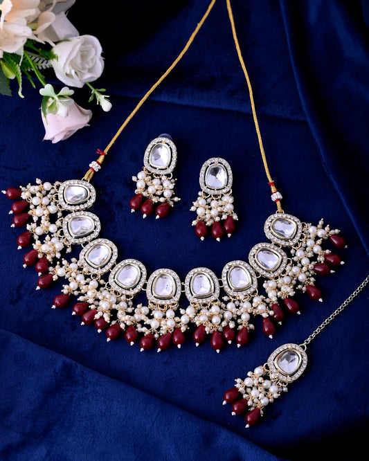 VOJ Kundan Stone And Maroon Beaded Studded Gold-Polished Jewellery Set - Swadesiicart