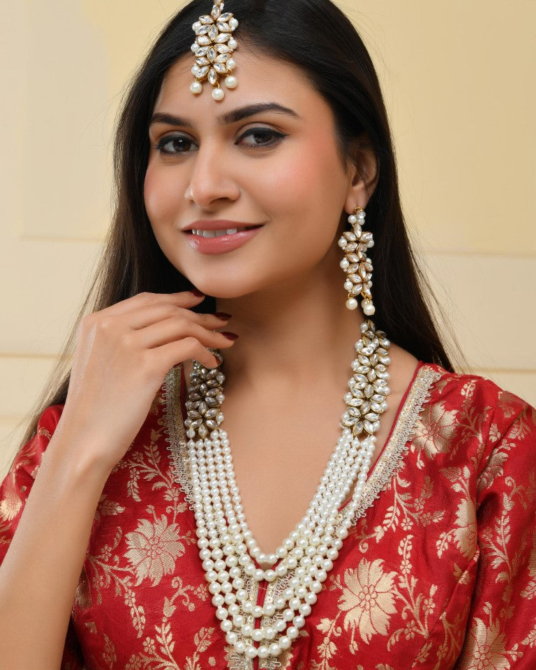 VOJ Pearl And Kundan Studded Long Necklace With Earrings And Maang Tikka Set - Swadesiicart