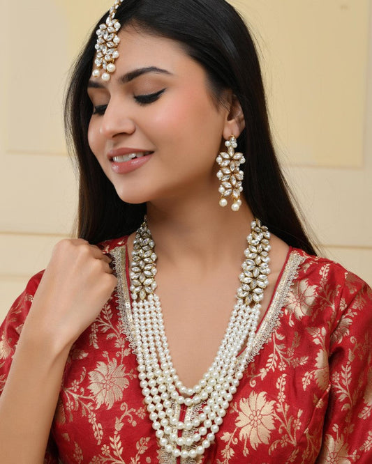 VOJ Pearl And Kundan Studded Long Necklace With Earrings And Maang Tikka Set - Swadesiicart