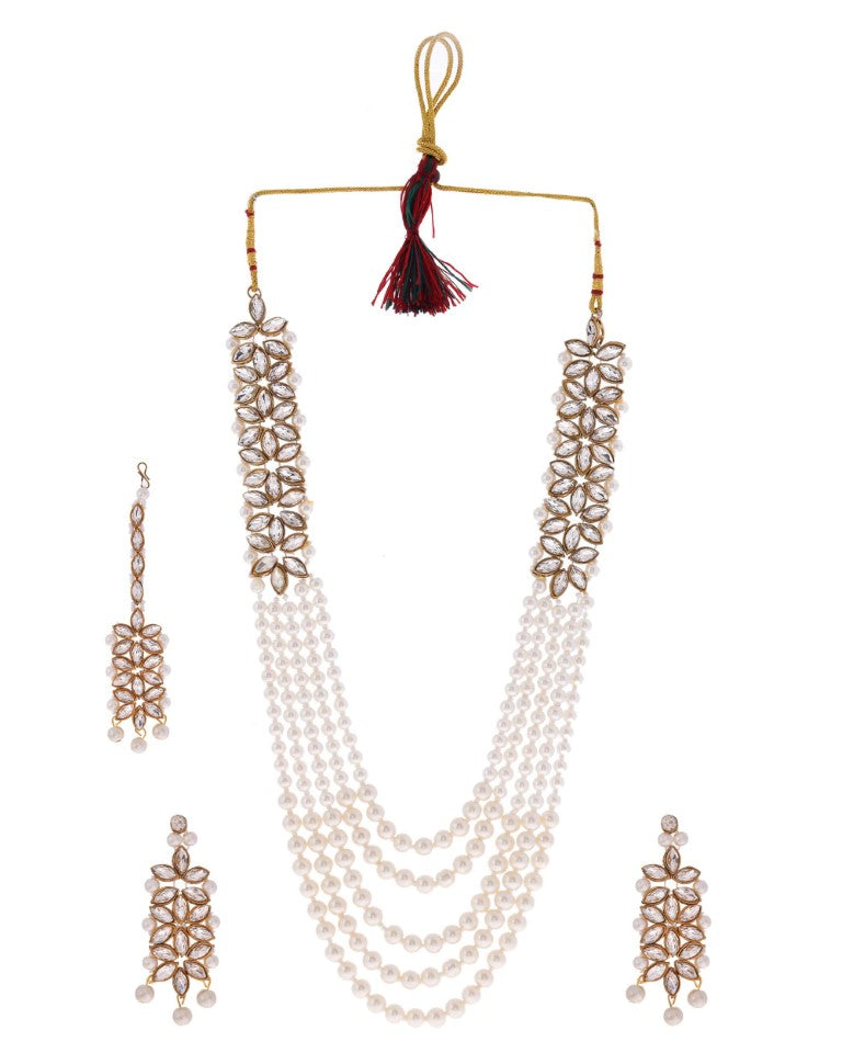 VOJ Pearl And Kundan Studded Long Necklace With Earrings And Maang Tikka Set - Swadesiicart