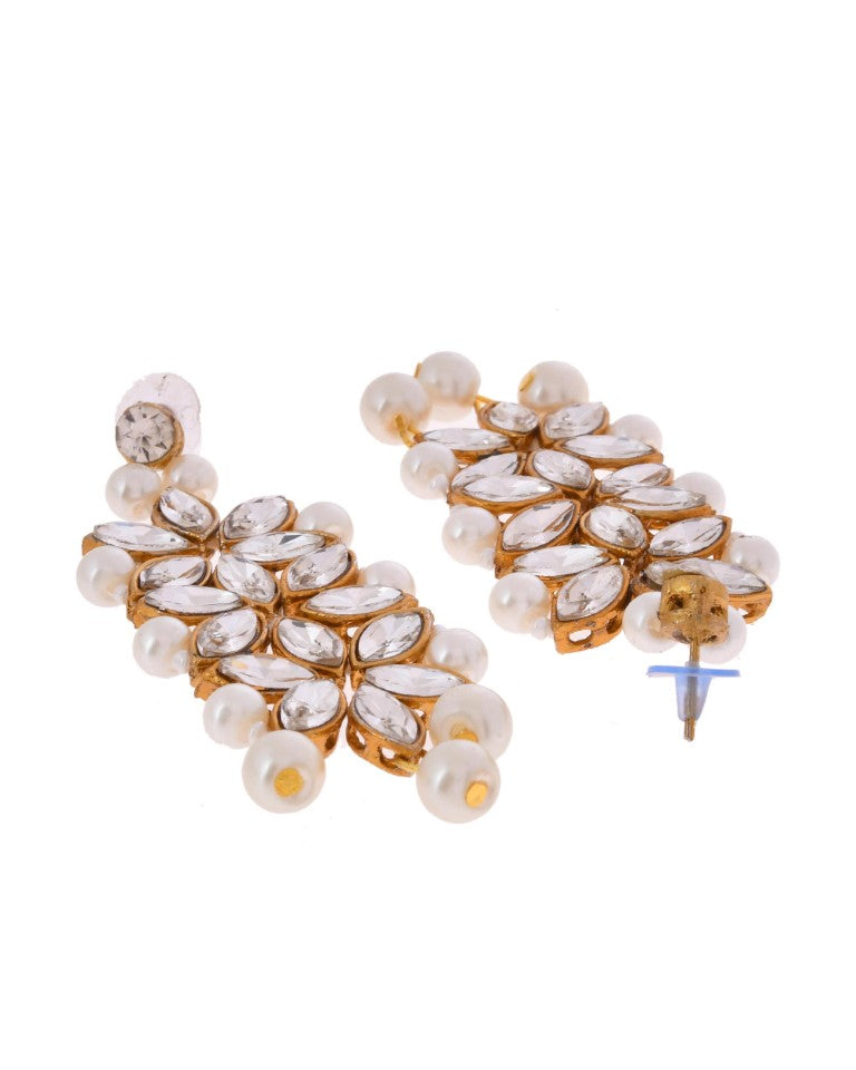 VOJ Pearl And Kundan Studded Long Necklace With Earrings And Maang Tikka Set - Swadesiicart