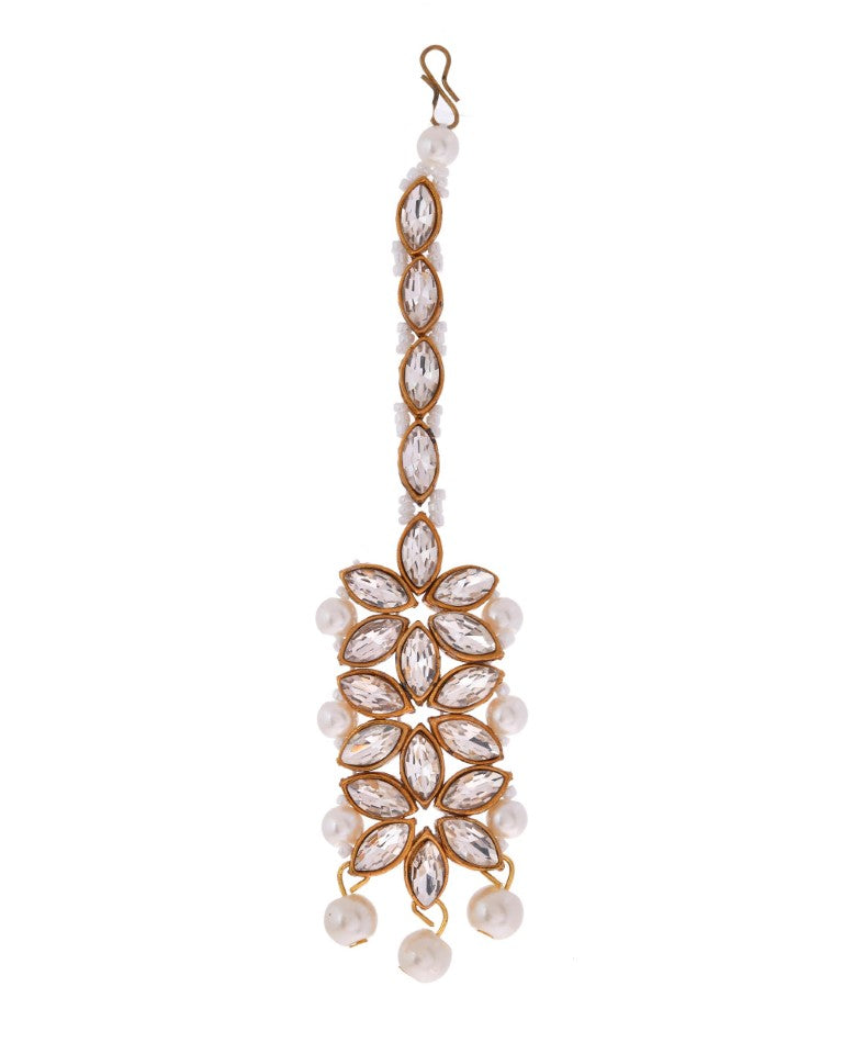VOJ Pearl And Kundan Studded Long Necklace With Earrings And Maang Tikka Set - Swadesiicart