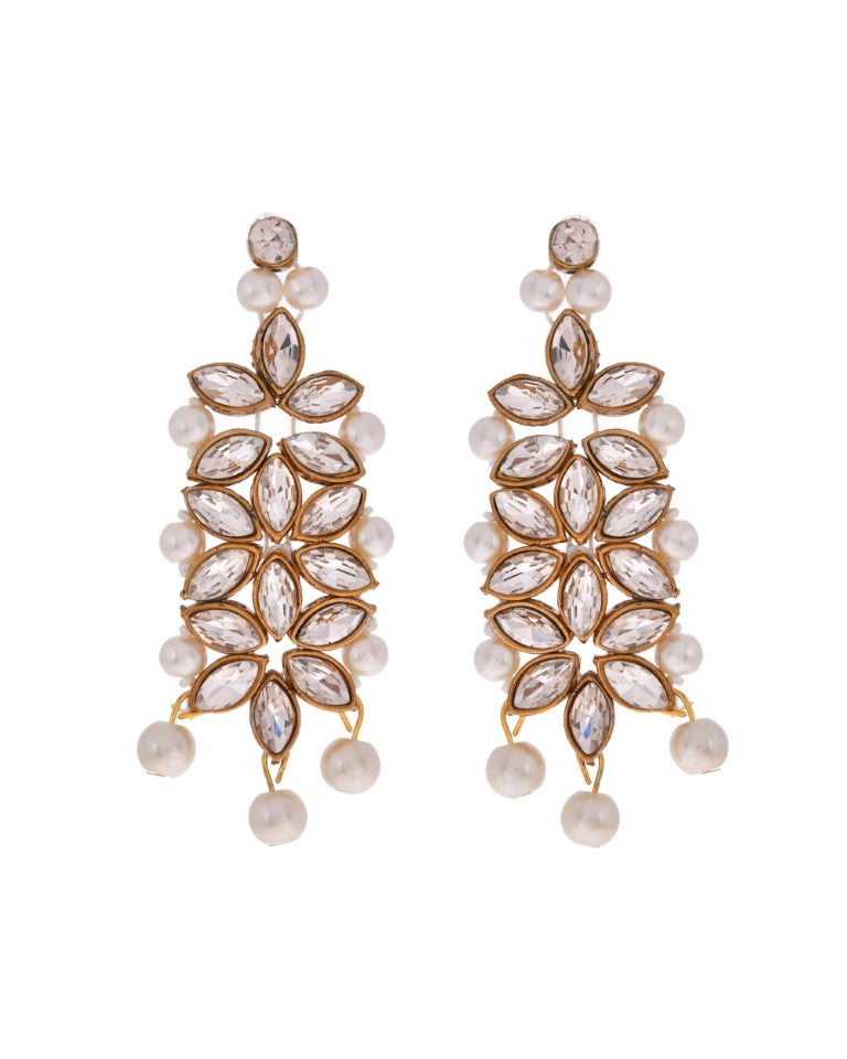 VOJ Pearl And Kundan Studded Long Necklace With Earrings And Maang Tikka Set - Swadesiicart
