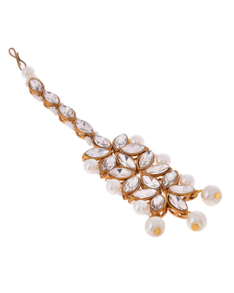VOJ Pearl And Kundan Studded Long Necklace With Earrings And Maang Tikka Set - Swadesiicart