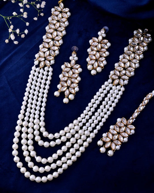 VOJ Pearl And Kundan Studded Long Necklace With Earrings And Maang Tikka Set - Swadesiicart