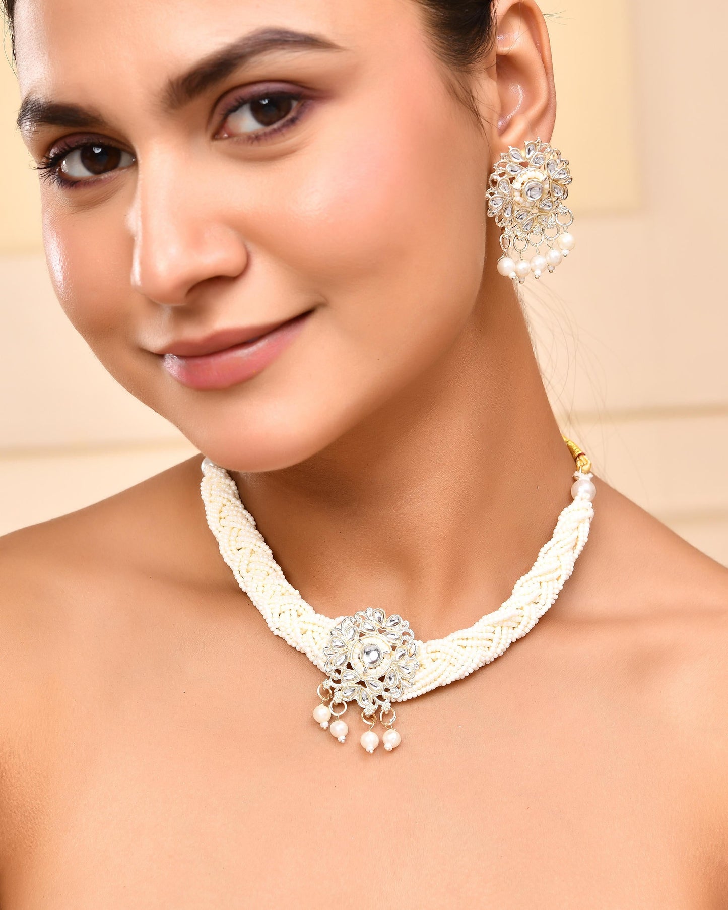 VOJ Kundan with Pearl Studded Choker Necklace With Earrings Set - Swadesiicart