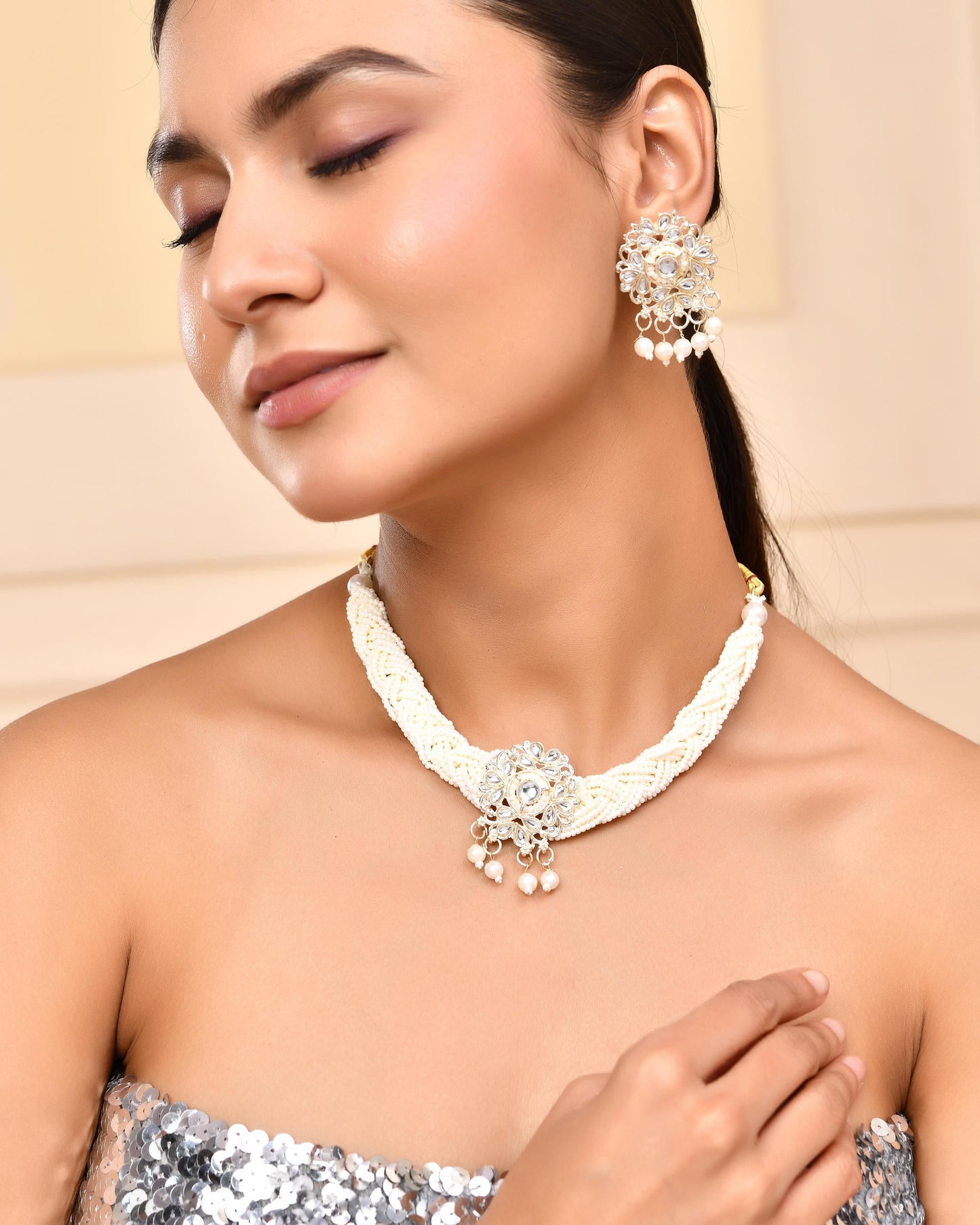 VOJ Kundan with Pearl Studded Choker Necklace With Earrings Set - Swadesiicart