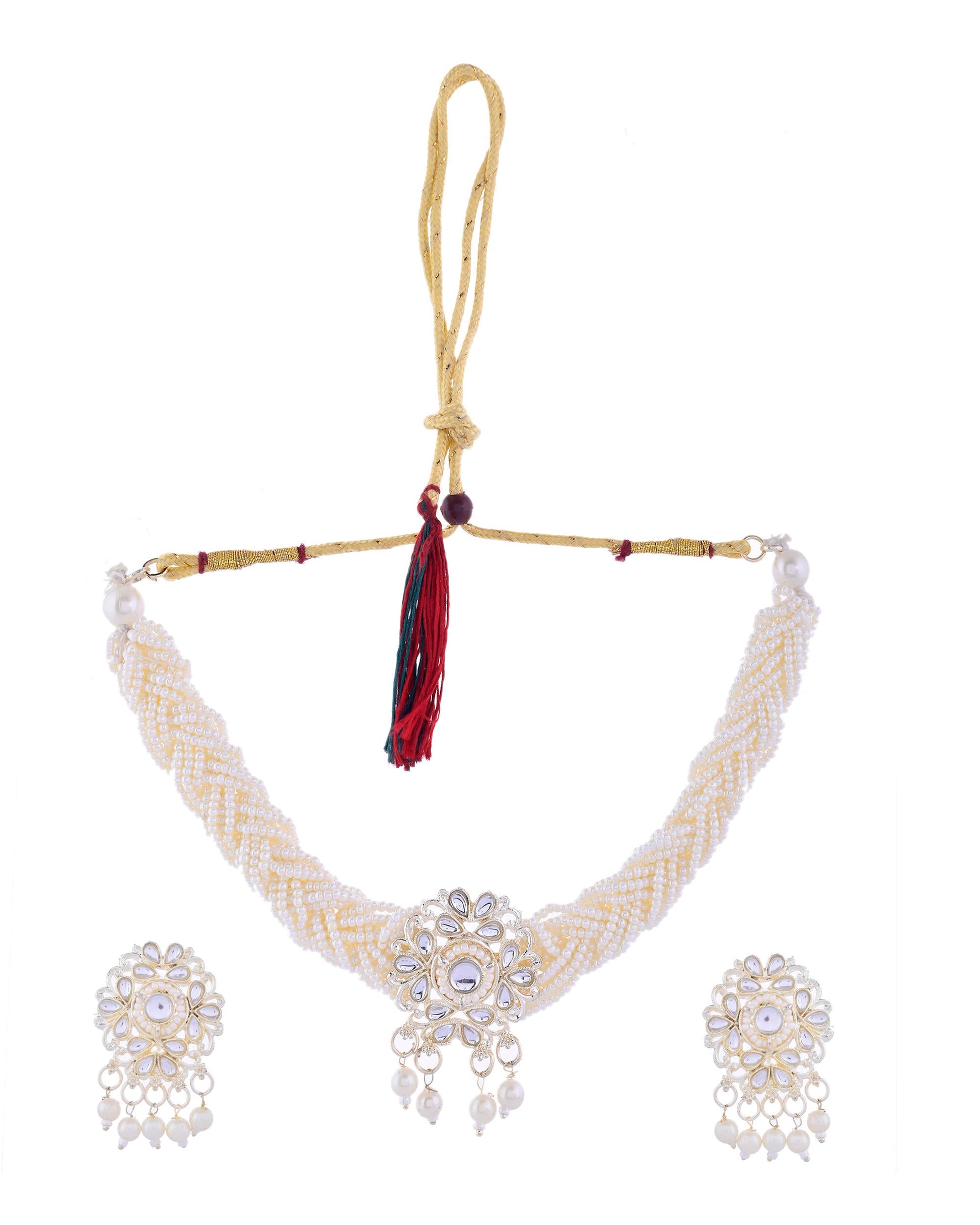 VOJ Kundan with Pearl Studded Choker Necklace With Earrings Set - Swadesiicart