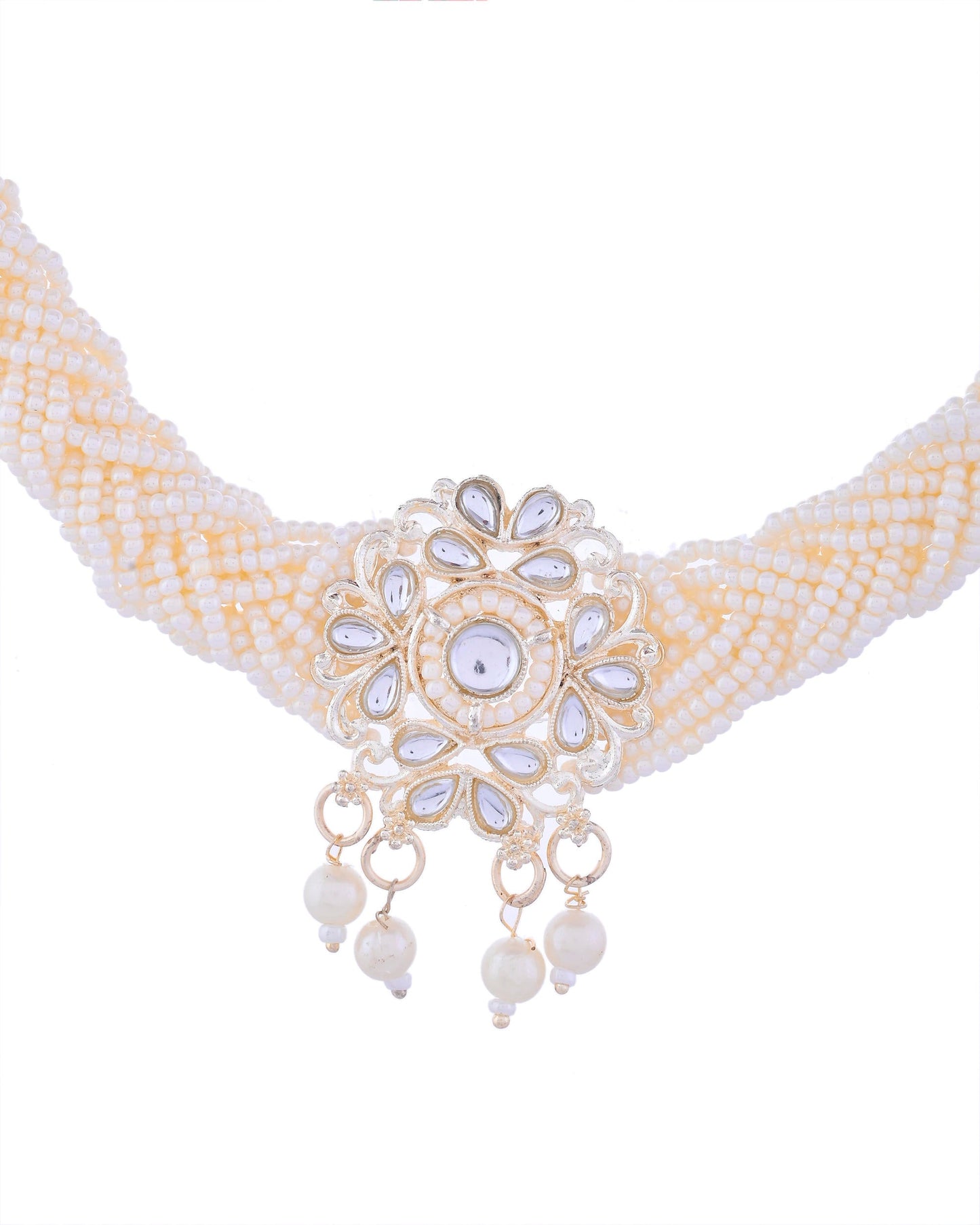 VOJ Kundan with Pearl Studded Choker Necklace With Earrings Set - Swadesiicart