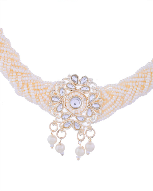 VOJ Kundan with Pearl Studded Choker Necklace With Earrings Set - Swadesiicart
