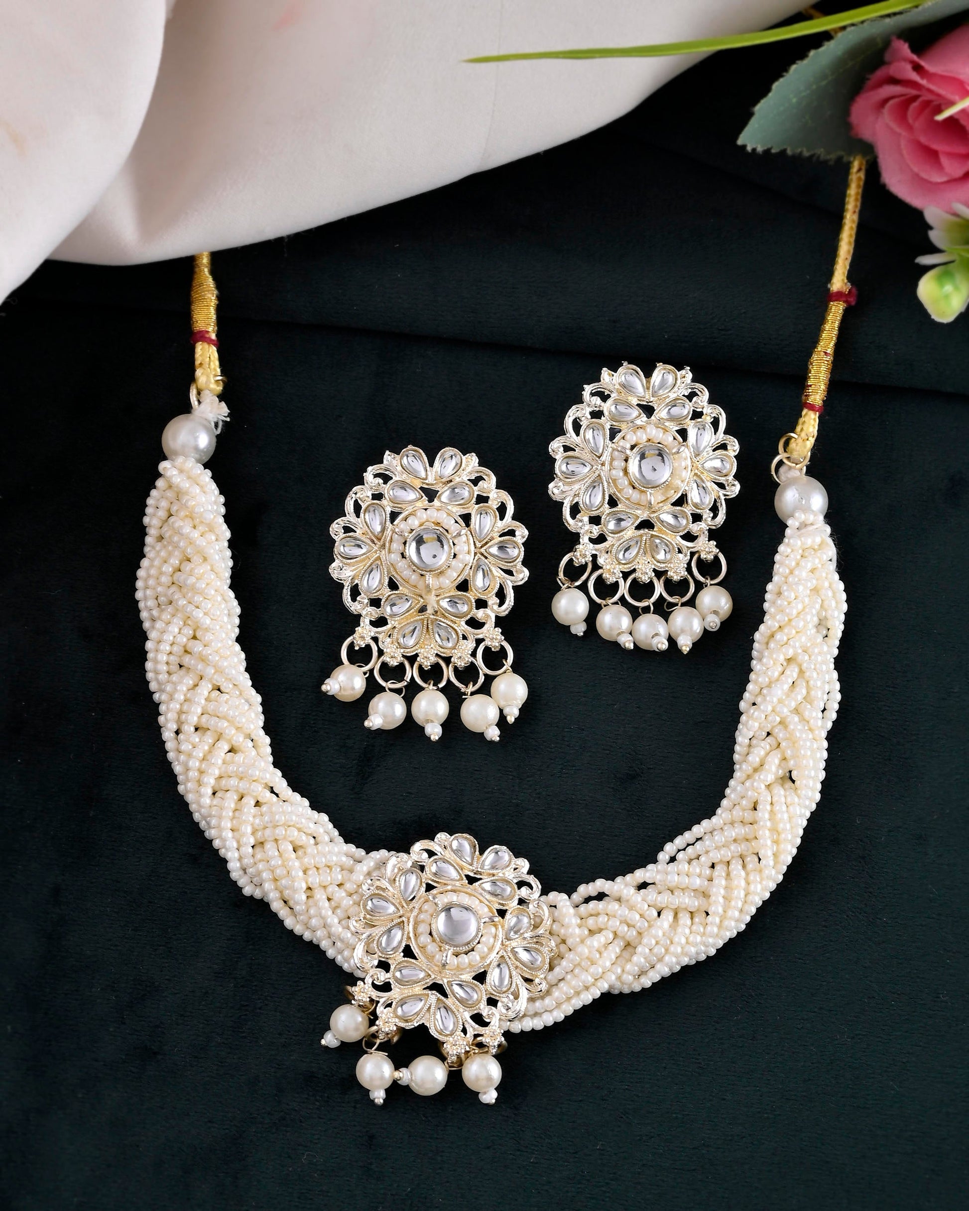 VOJ Kundan with Pearl Studded Choker Necklace With Earrings Set - Swadesiicart