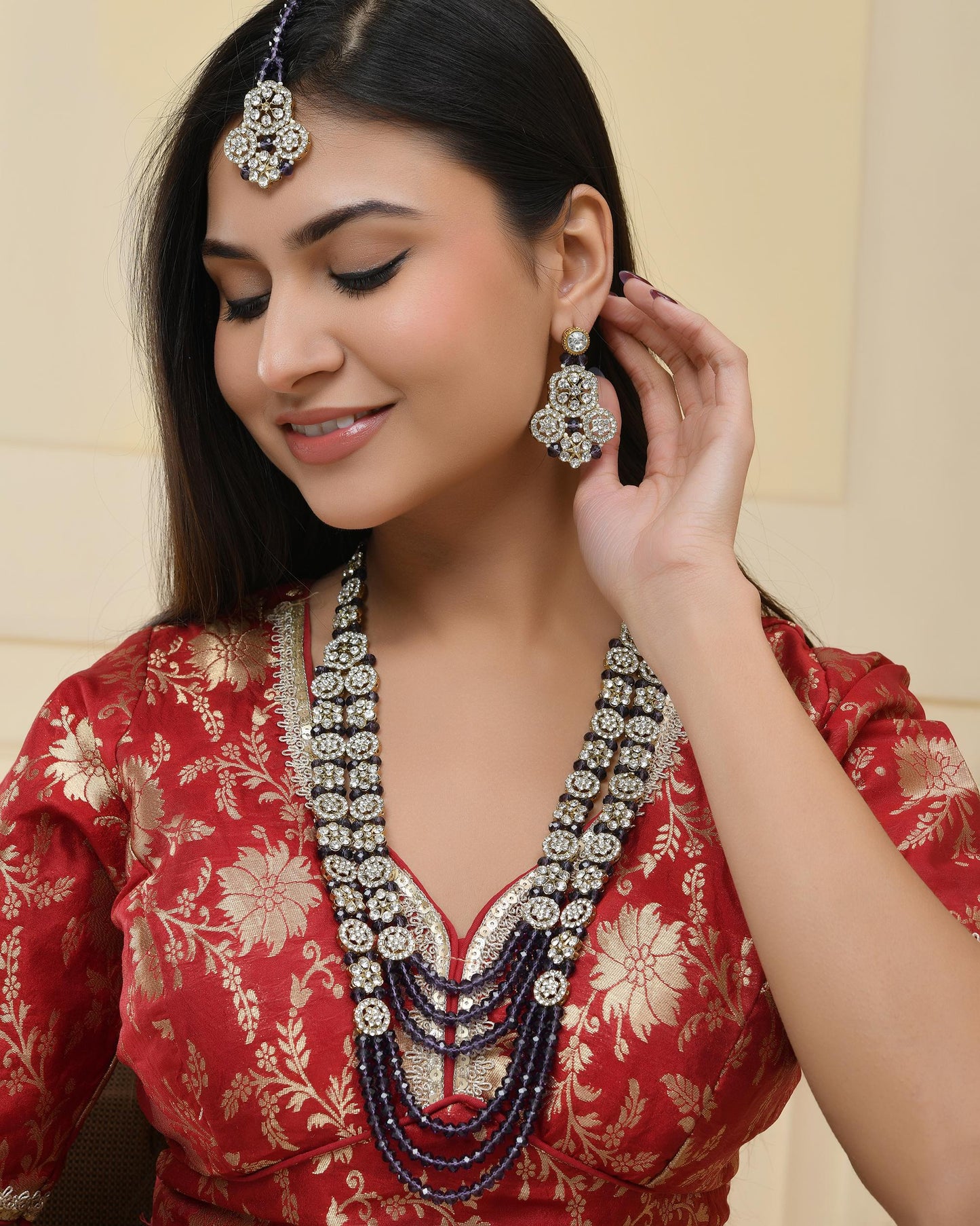 VOJ Purple Beaded With Stone Studded Long Jewellery Set - Swadesiicart