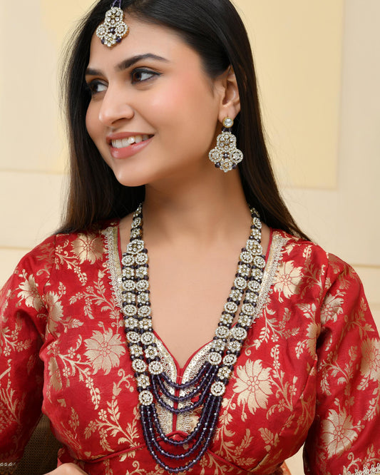 VOJ Purple Beaded With Stone Studded Long Jewellery Set - Swadesiicart
