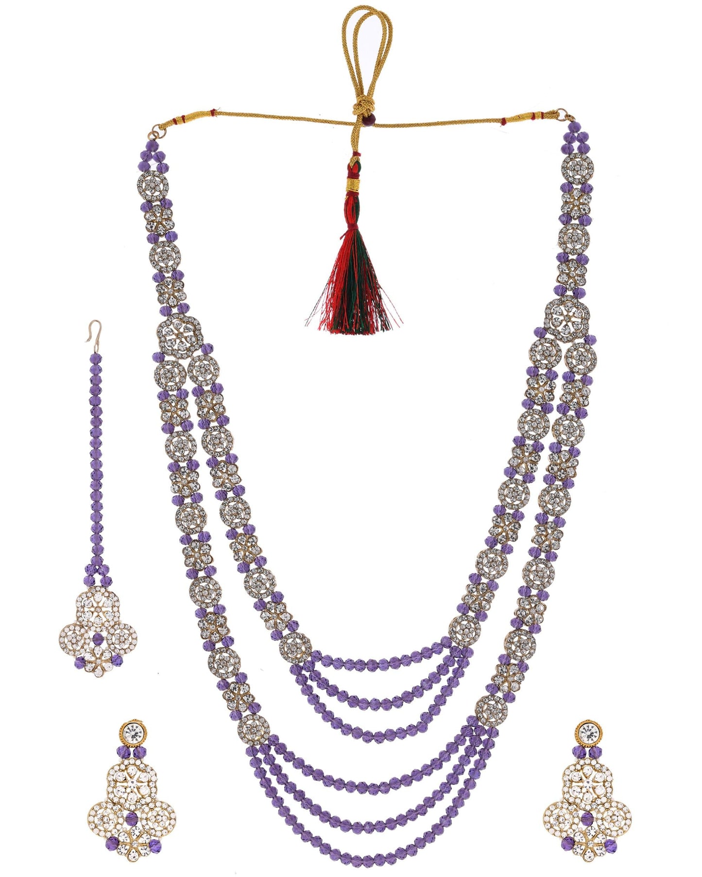 VOJ Purple Beaded With Stone Studded Long Jewellery Set - Swadesiicart
