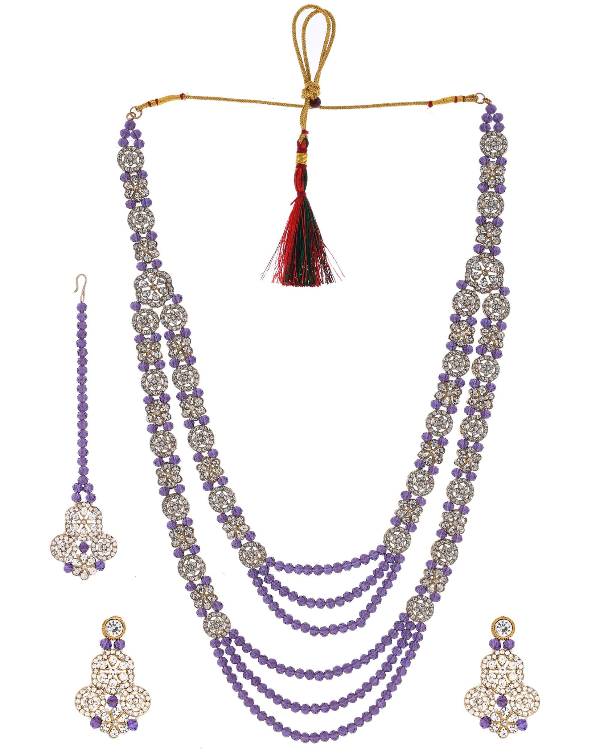 VOJ Purple Beaded With Stone Studded Long Jewellery Set - Swadesiicart