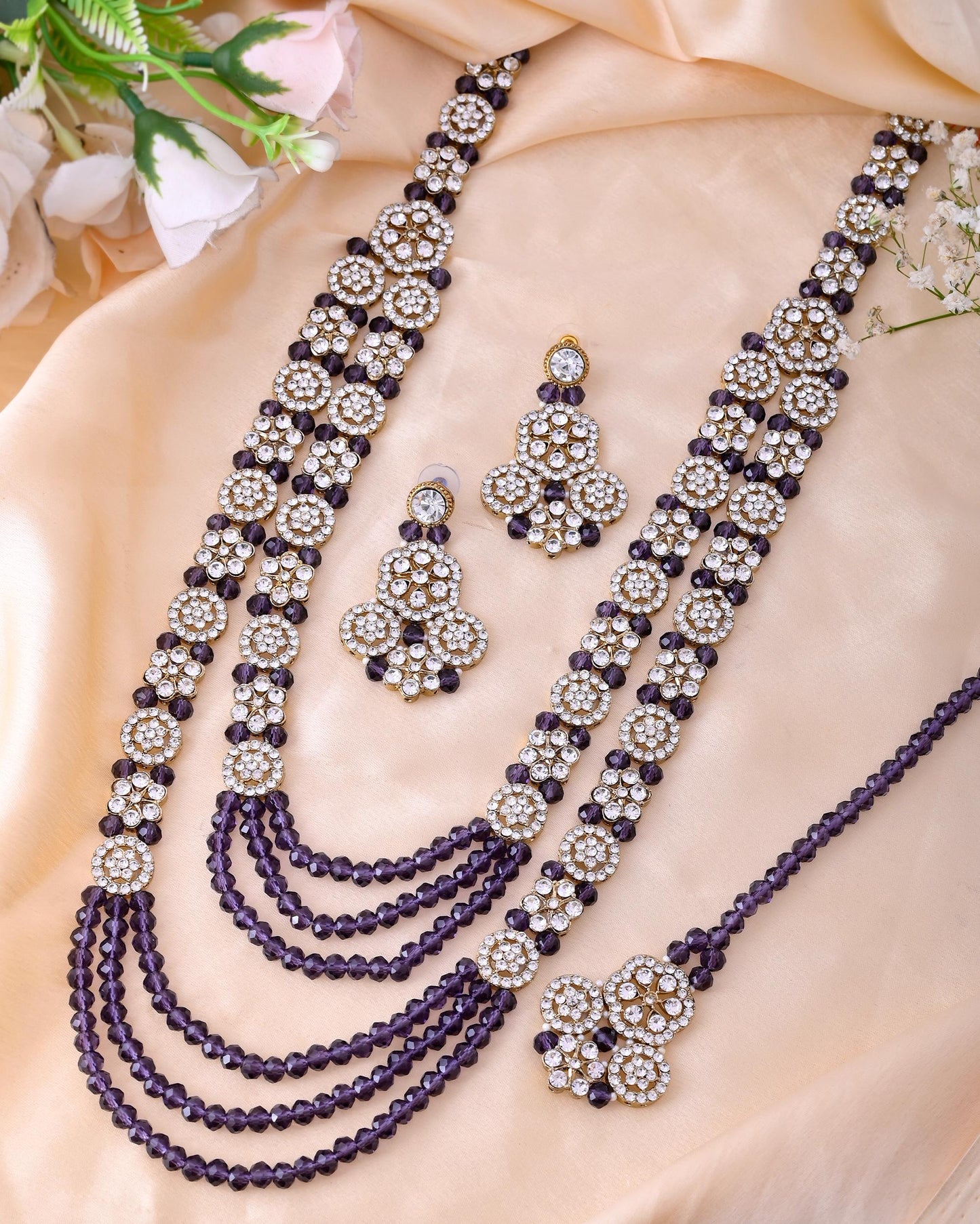 VOJ Purple Beaded With Stone Studded Long Jewellery Set - Swadesiicart