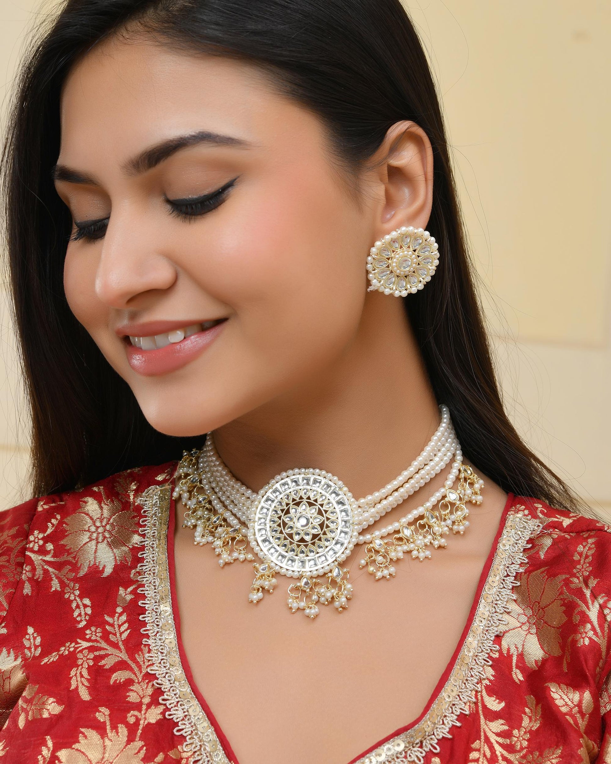 VOJ Gold-Polished Kundan Studded Choker Jewellery Set - Swadesiicart