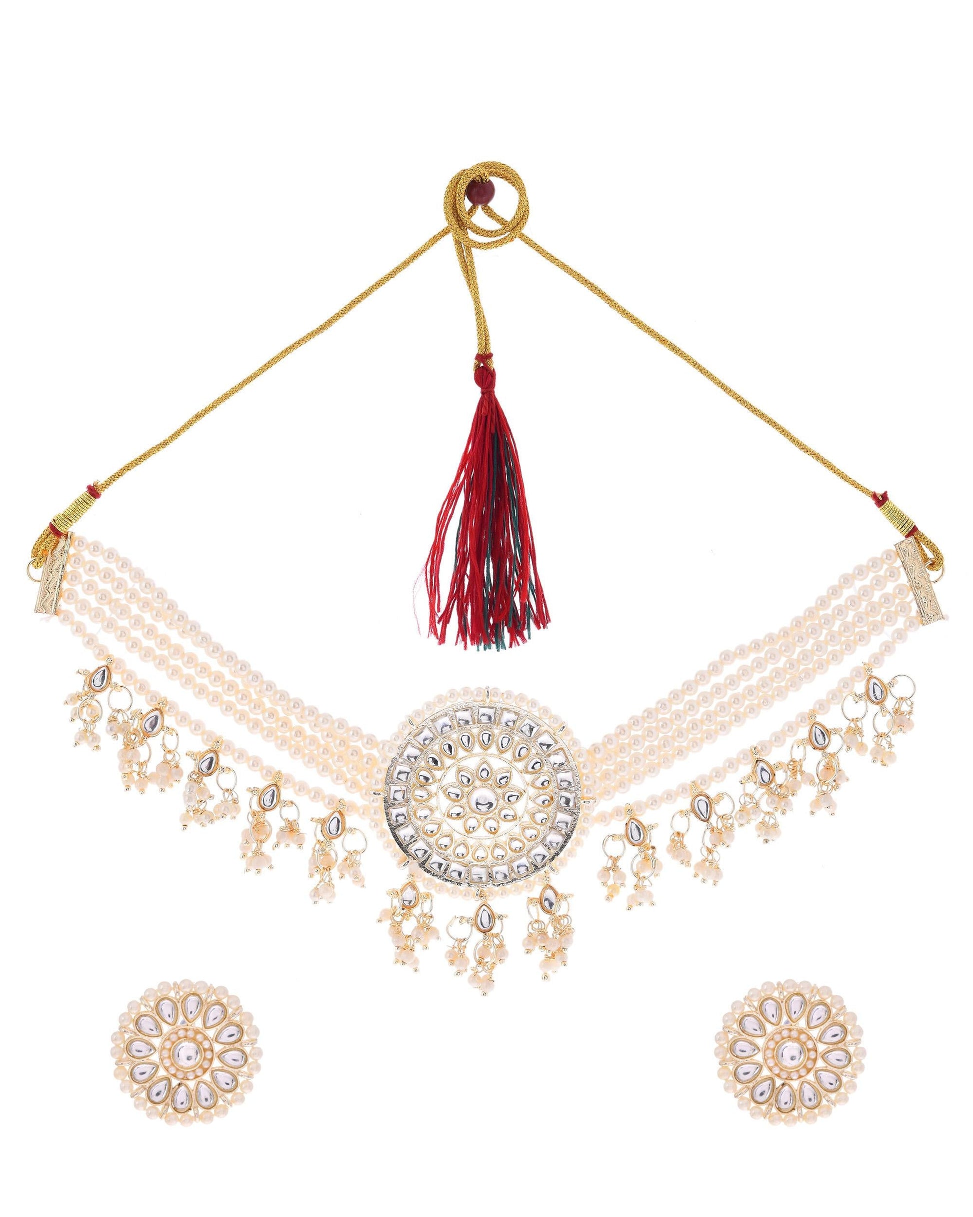 VOJ Gold-Polished Kundan Studded Choker Jewellery Set - Swadesiicart