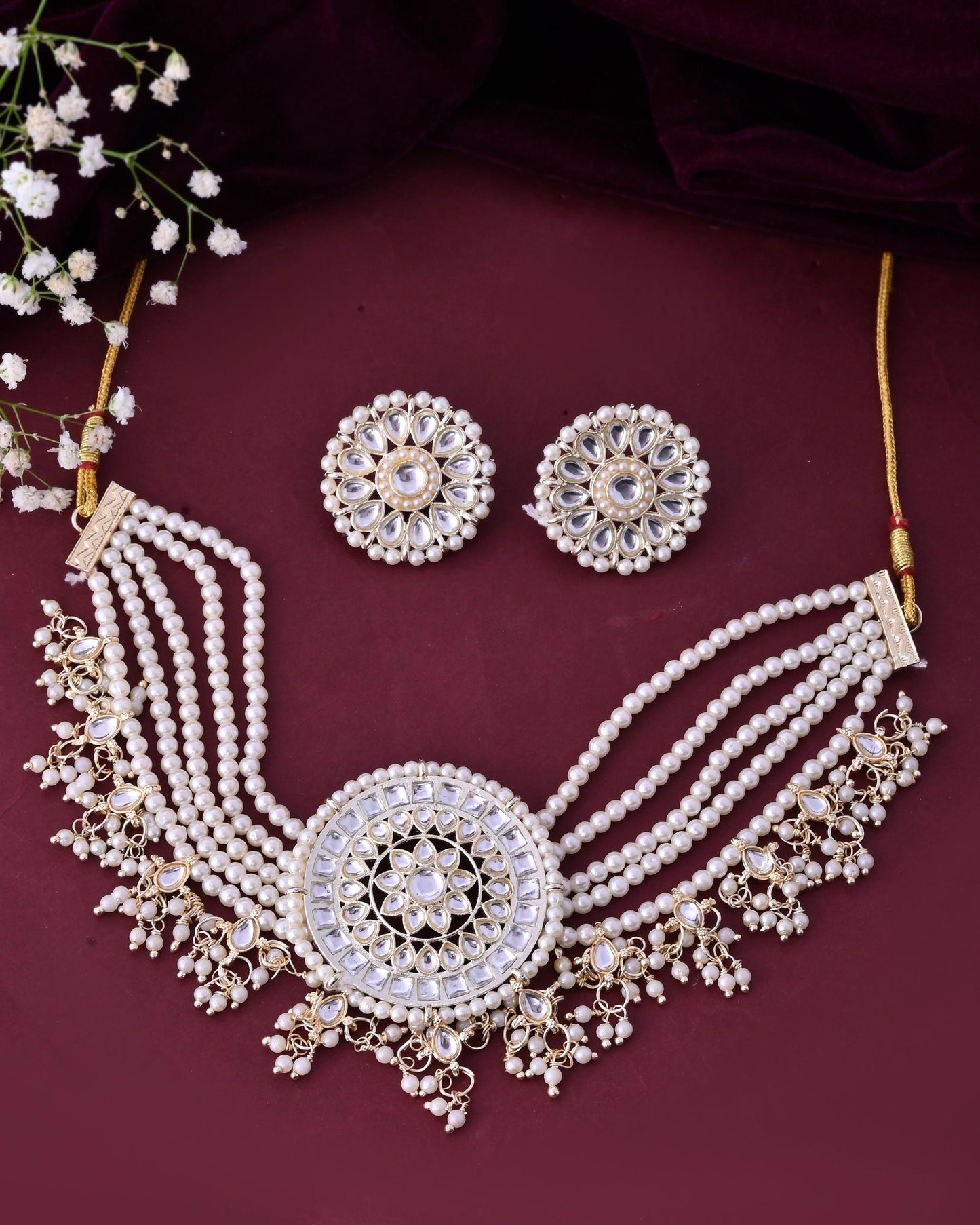 VOJ Gold-Polished Kundan Studded Choker Jewellery Set - Swadesiicart