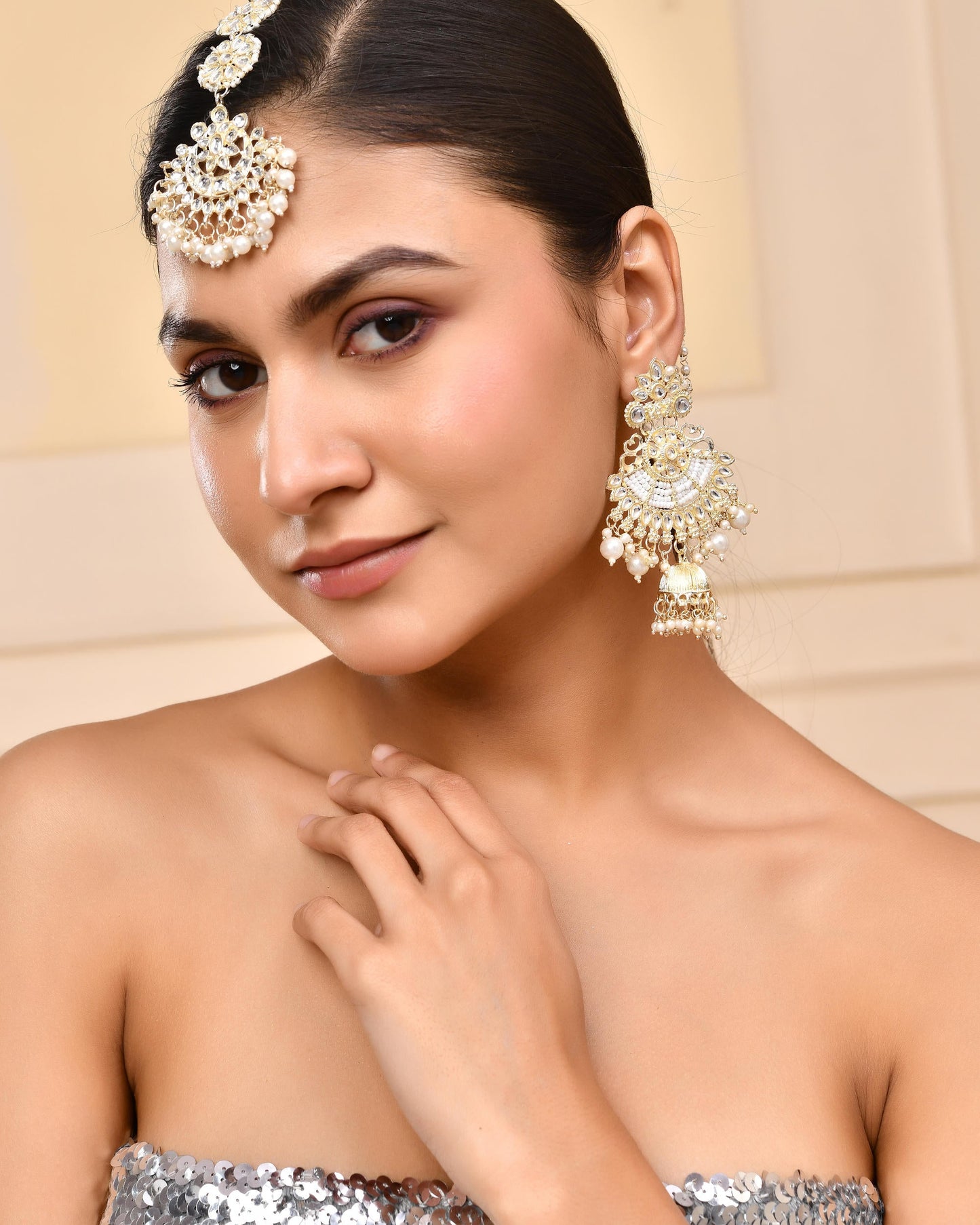 VOJ Gold-Polished Kundan Studded Earrings with Maang Tikka - Swadesiicart