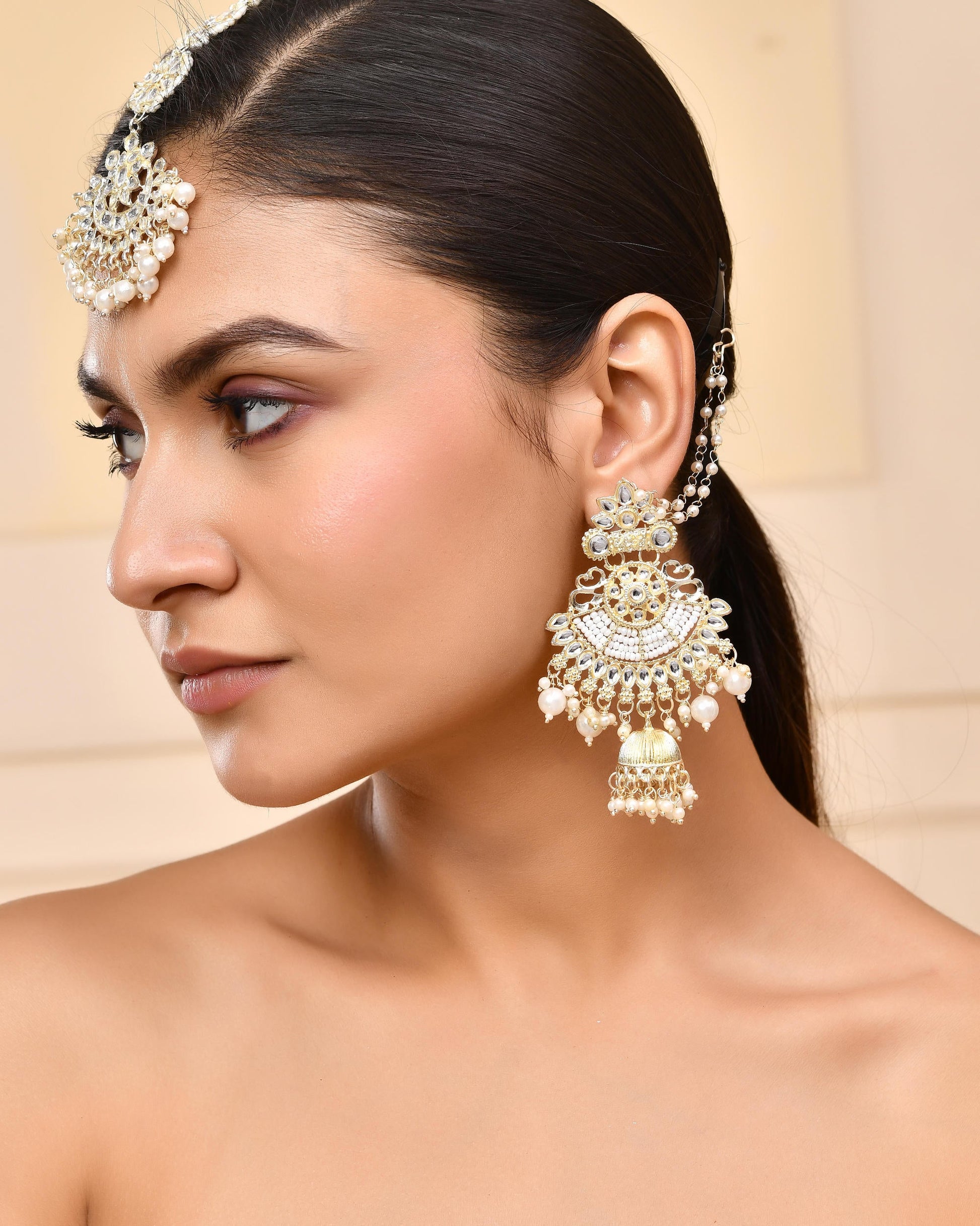 VOJ Gold-Polished Kundan Studded Earrings with Maang Tikka - Swadesiicart