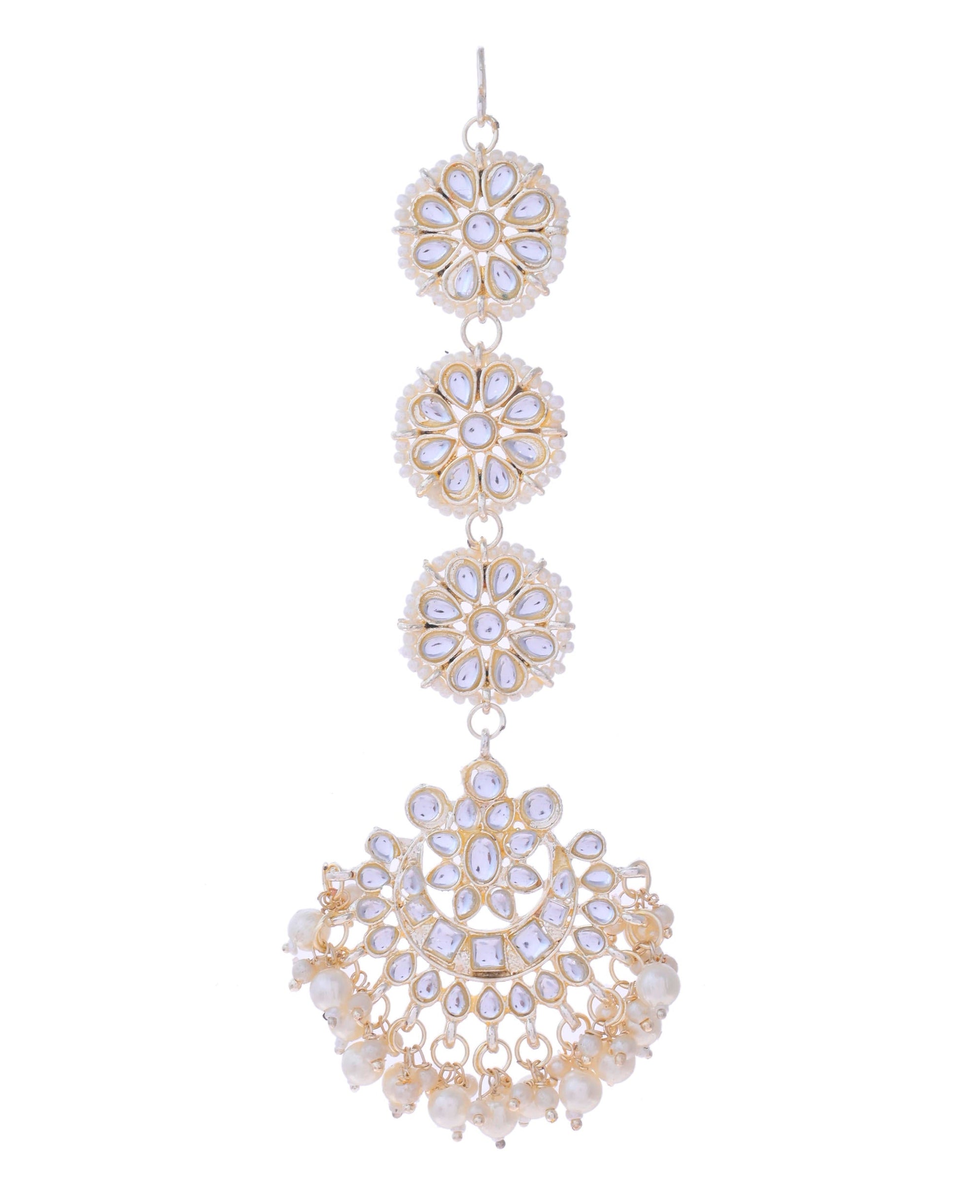 VOJ Gold-Polished Kundan Studded Earrings with Maang Tikka - Swadesiicart
