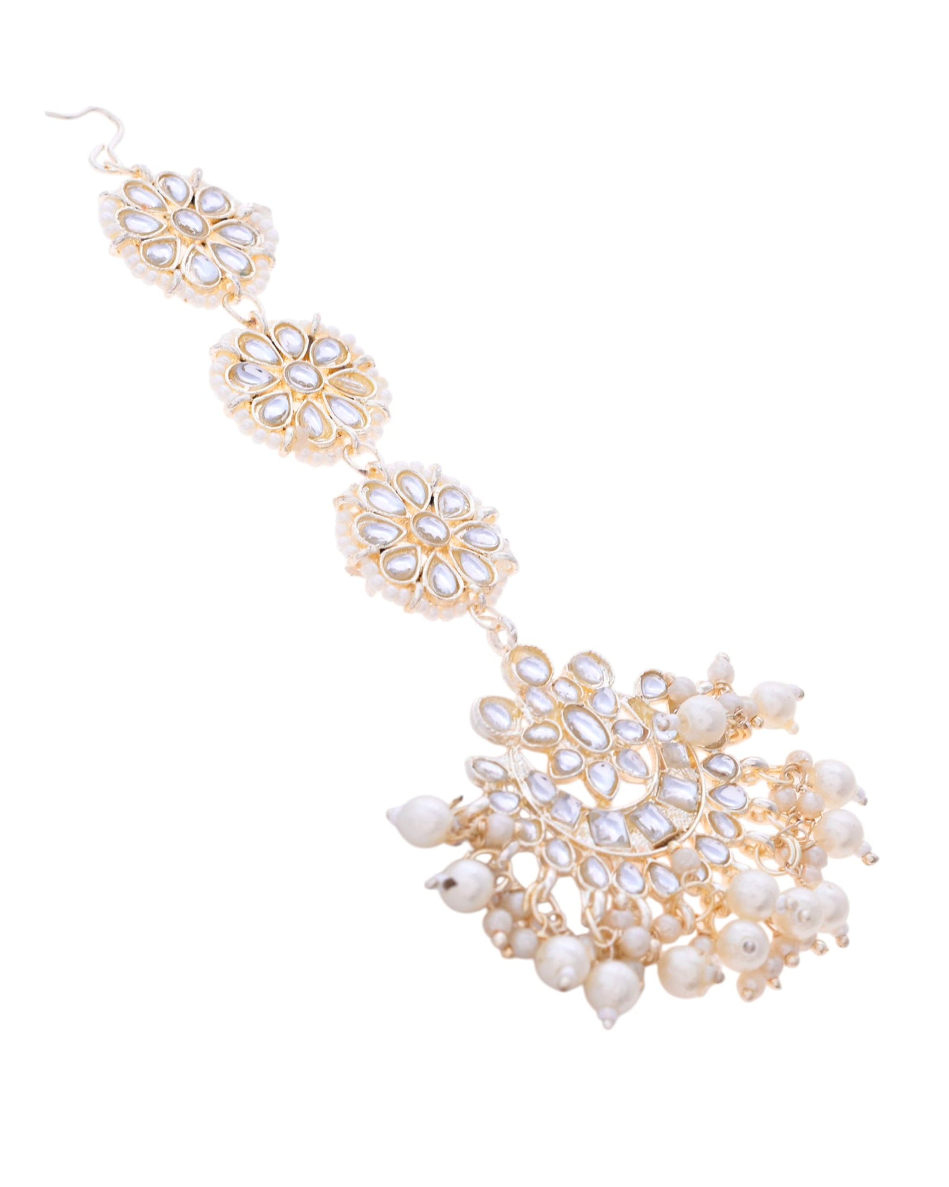 VOJ Gold-Polished Kundan Studded Earrings with Maang Tikka - Swadesiicart