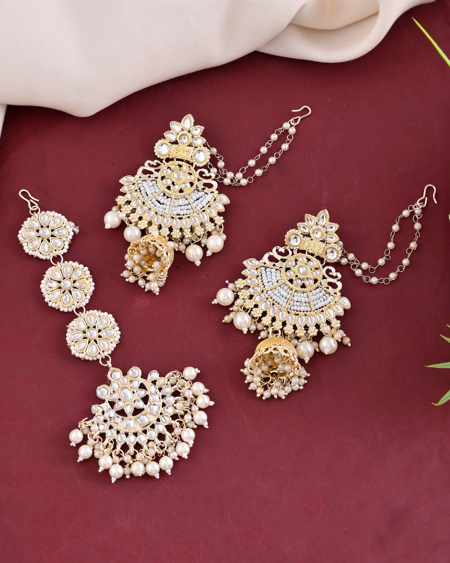 VOJ Gold-Polished Kundan Studded Earrings with Maang Tikka - Swadesiicart