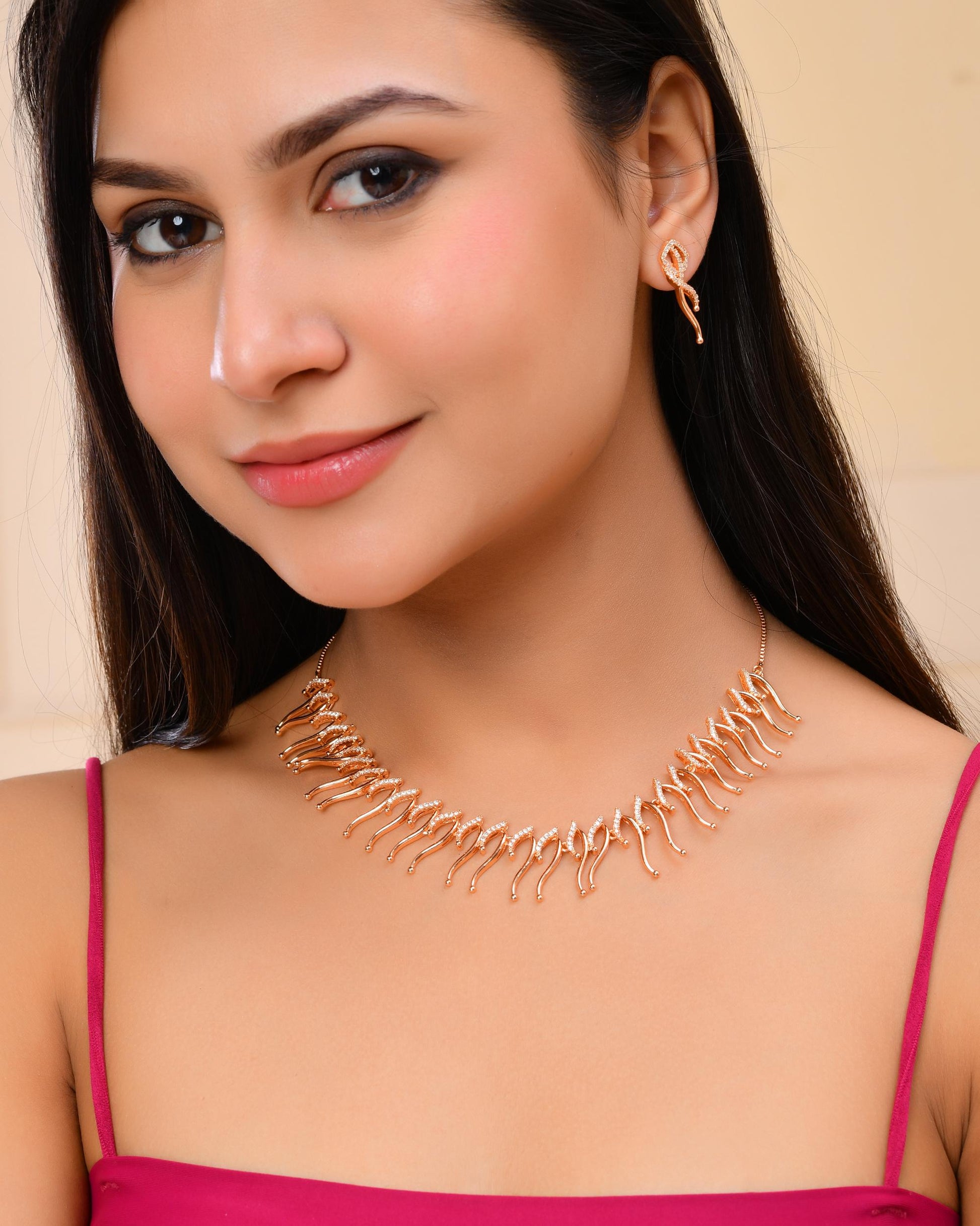 VOJ Ad Stone Studded Designer Gold-Polished Jewellery Set - Swadesiicart