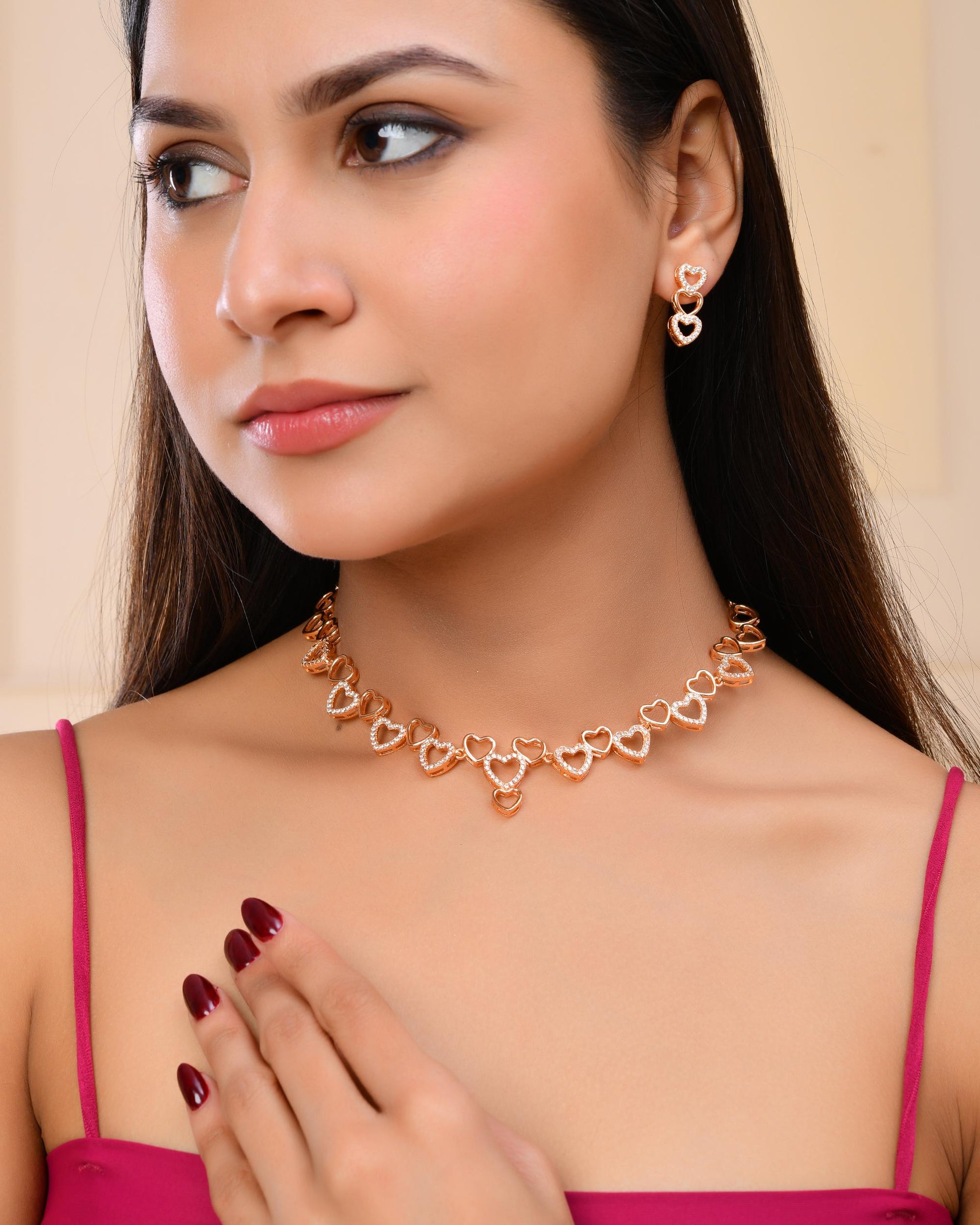 VOJ Ad Stone Studded Heart Shaped Designer Gold-Polished Jewellery Set - Swadesiicart