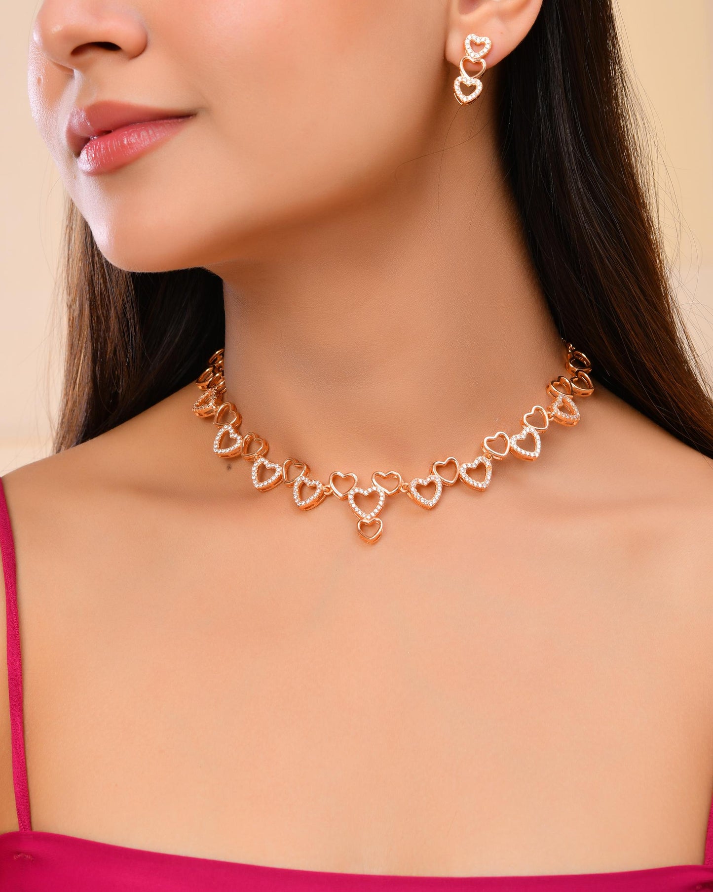 VOJ Ad Stone Studded Heart Shaped Designer Gold-Polished Jewellery Set - Swadesiicart