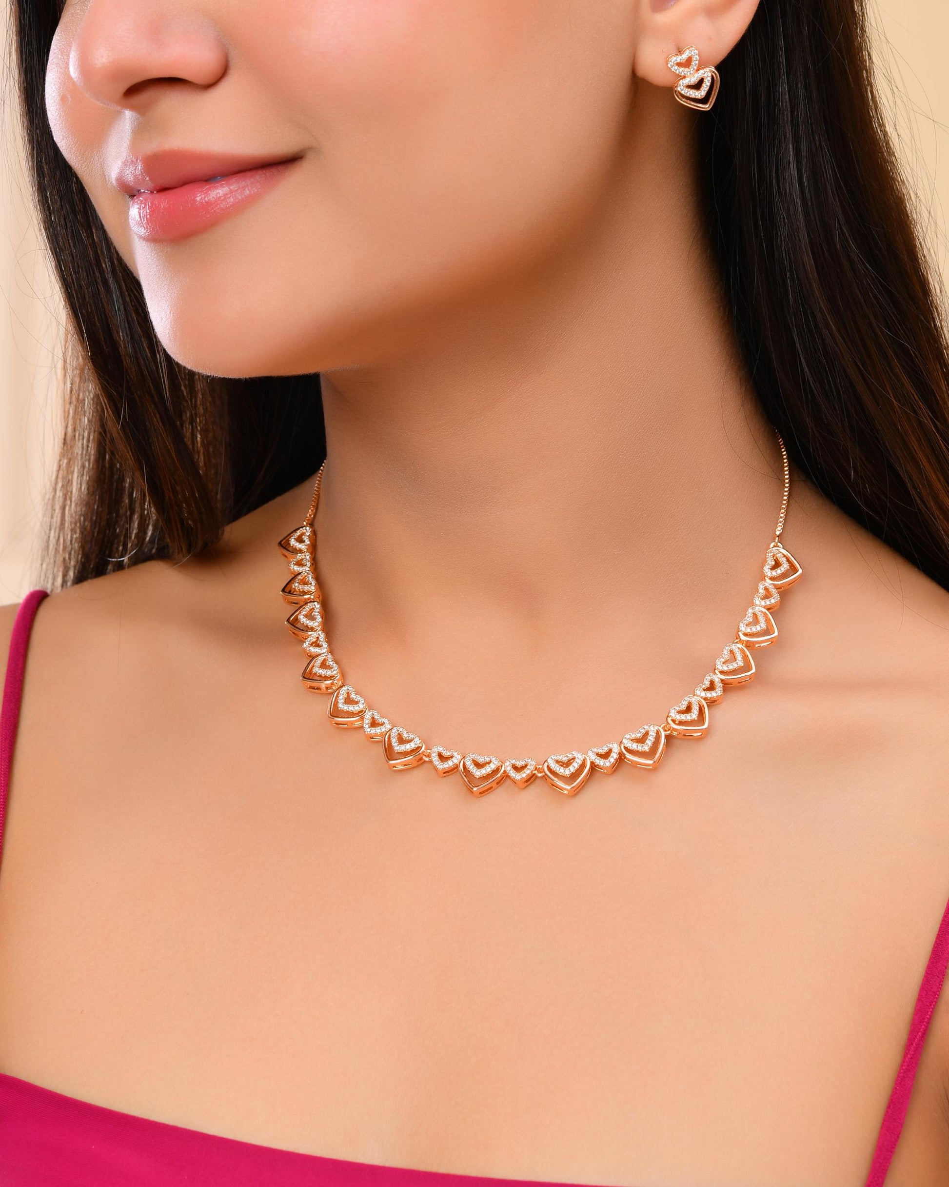 VOJ Gold-Polished Ad Stone Studded Heart Shaped Jewellery Set - Swadesiicart