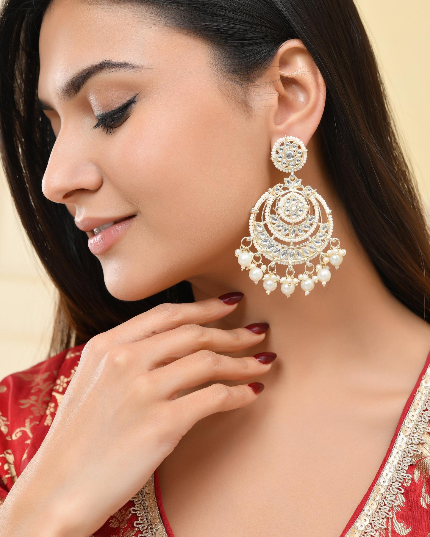 VOJ Gold-Polished Kundan And Pearl Studded Circular Earrings - Swadesiicart