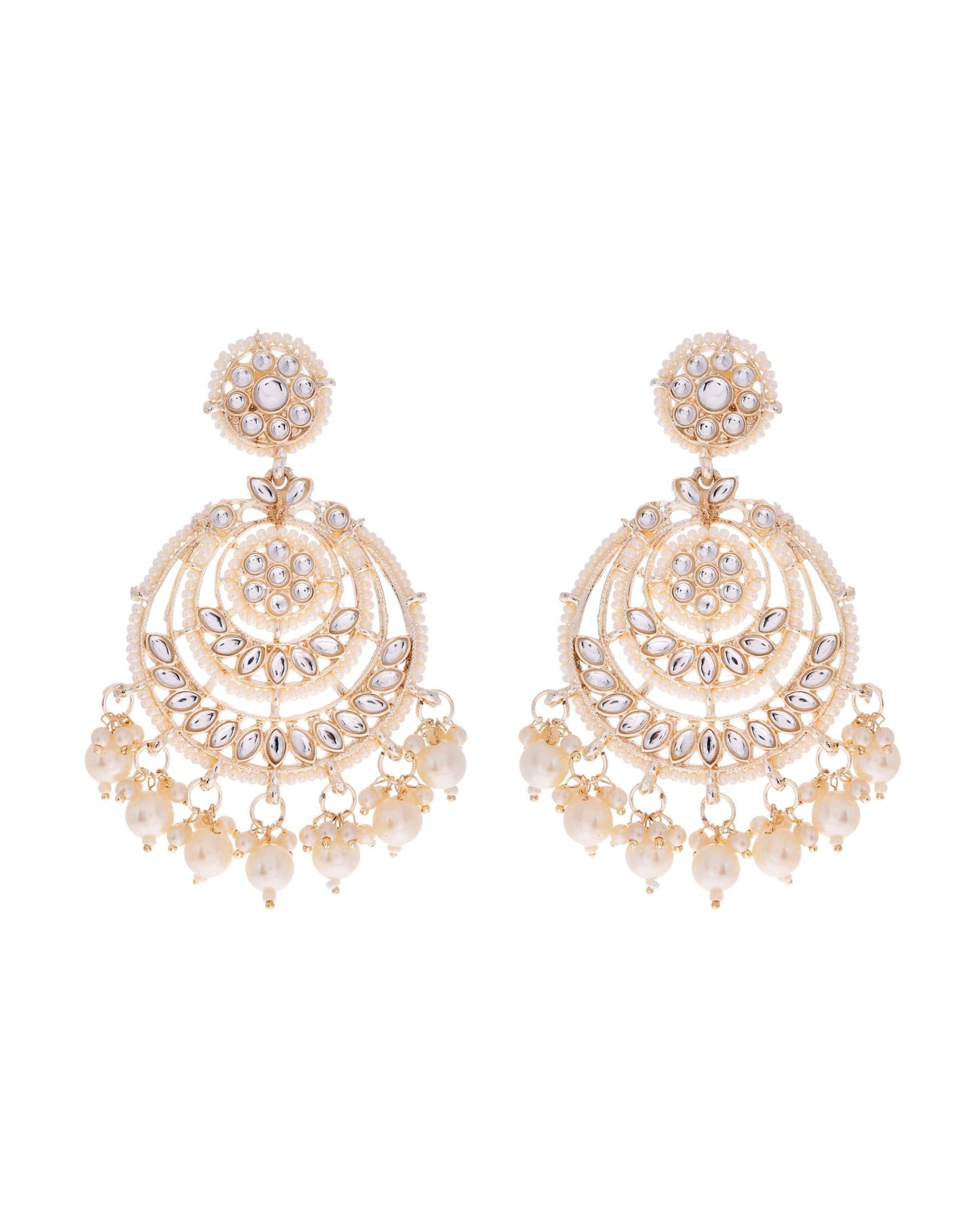 VOJ Gold-Polished Kundan And Pearl Studded Circular Earrings - Swadesiicart