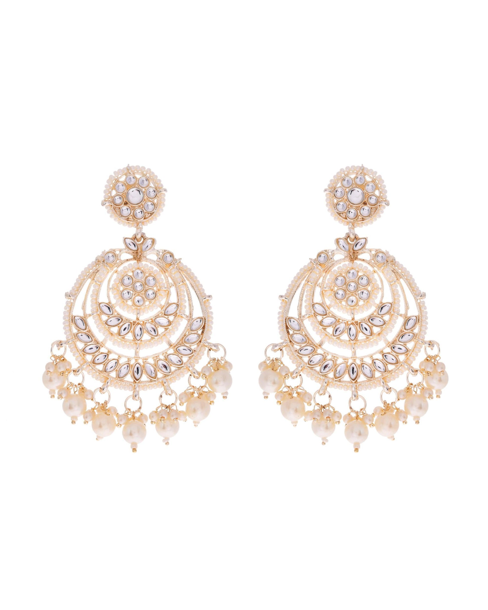 VOJ Gold-Polished Kundan And Pearl Studded Circular Earrings - Swadesiicart