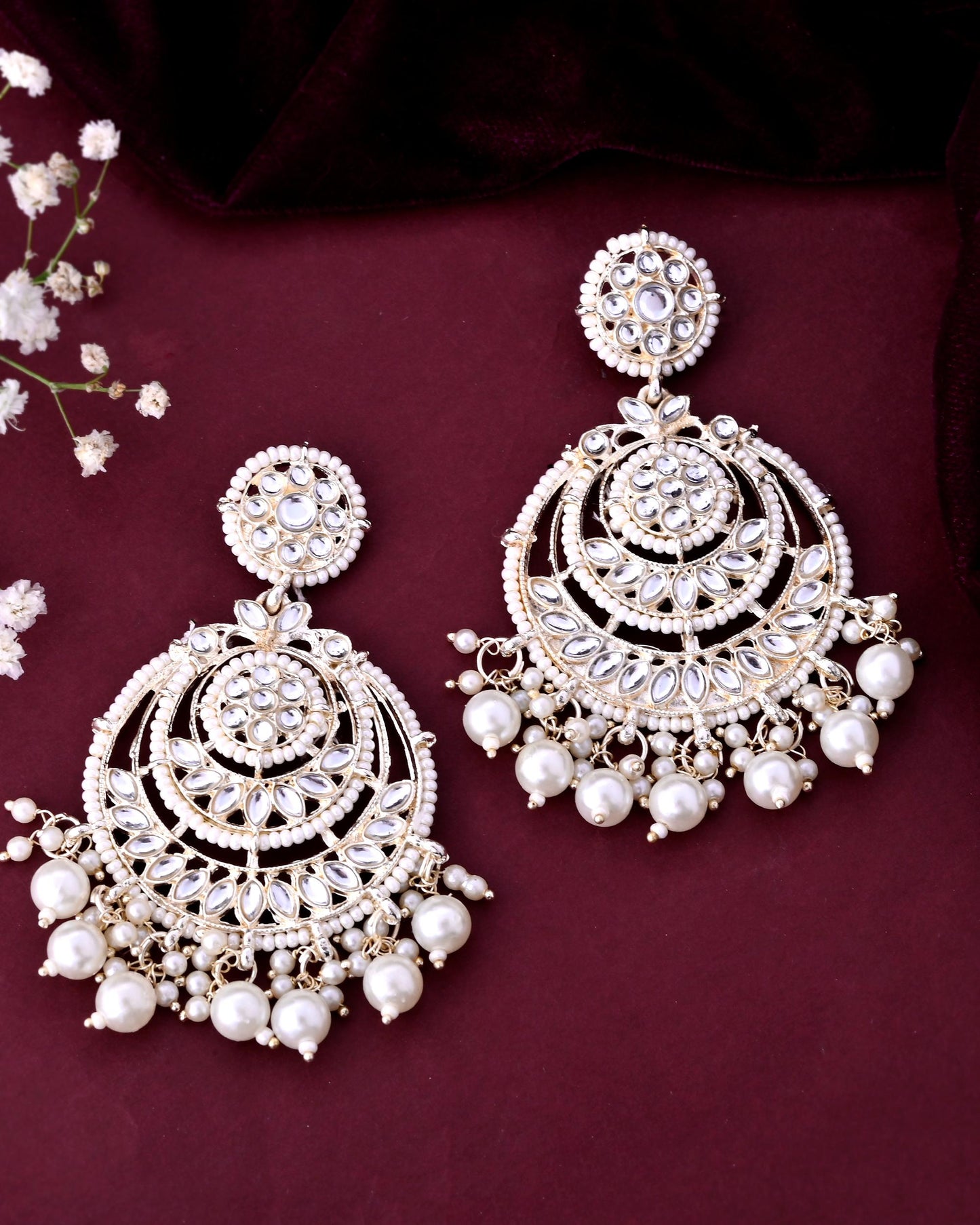 VOJ Gold-Polished Kundan And Pearl Studded Circular Earrings - Swadesiicart
